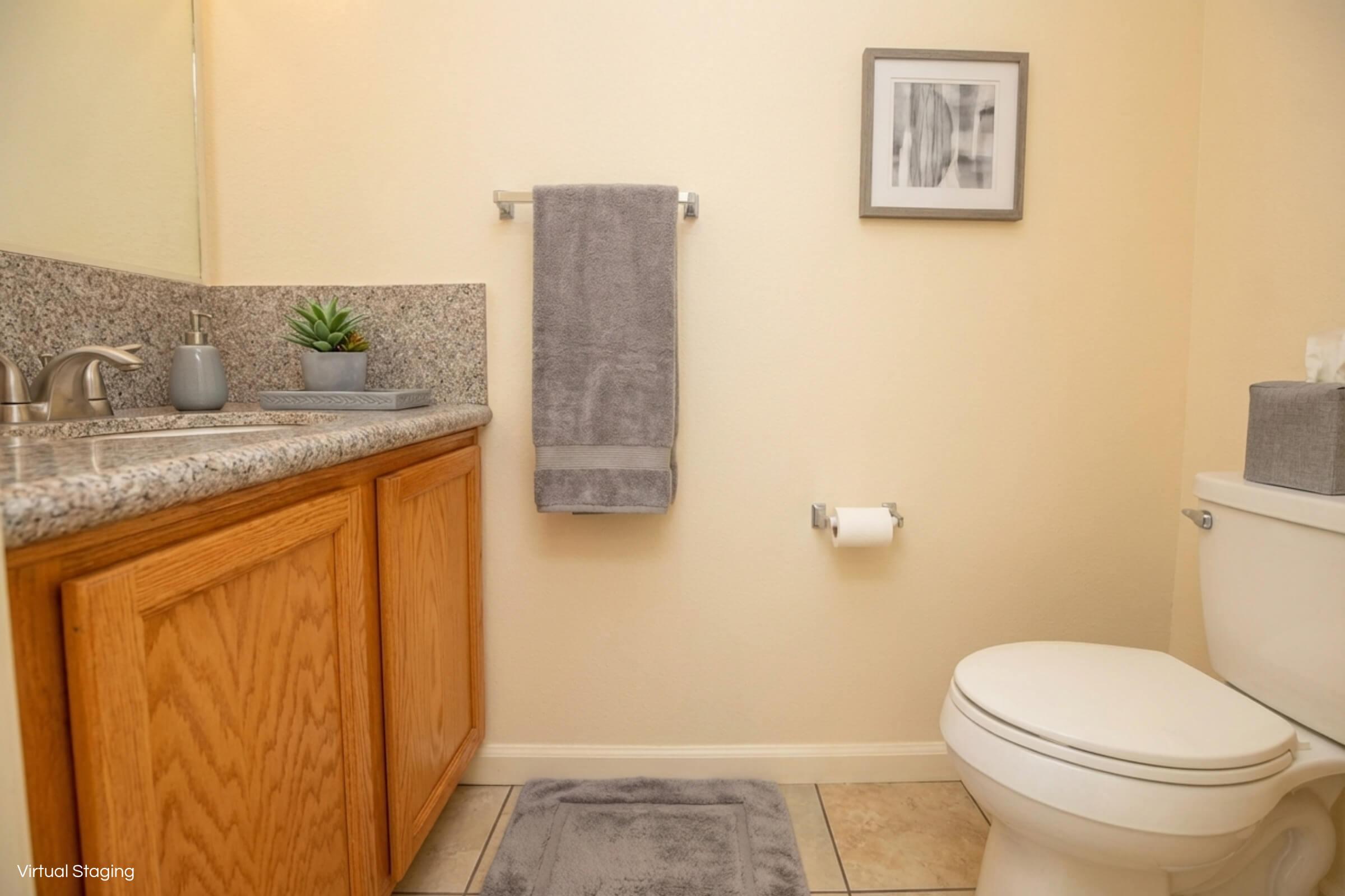 A modern bathroom featuring beige walls, a granite countertop with a sink, wooden cabinetry, a hand towel hanging on a rod, a small plant, and a toilet. There is a soft gray bath mat on the floor and a framed picture on the wall, creating a clean and simple aesthetic.
