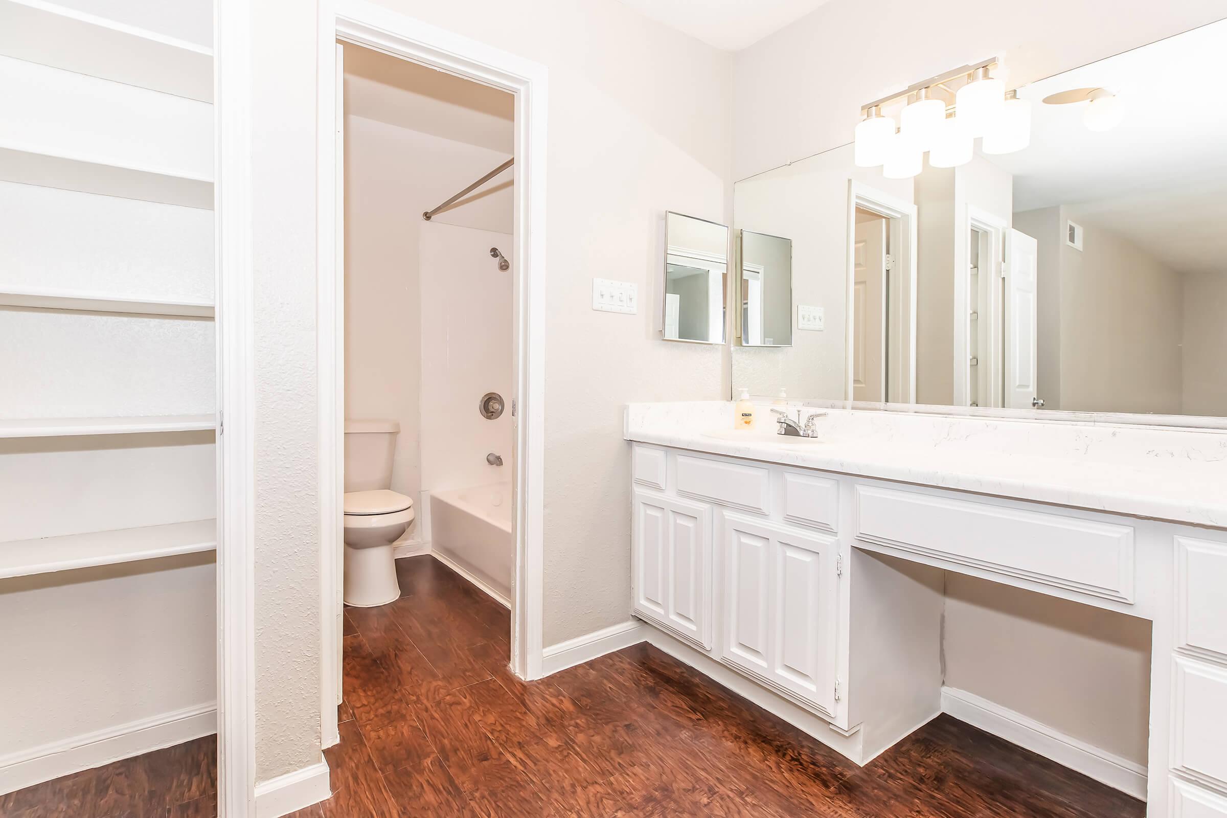Spacious bathroom featuring a large vanity with a mirror, a white bathtub and shower combination, a toilet, and built-in shelving. The room has light-colored walls and dark wood flooring, creating a modern and clean aesthetic.
