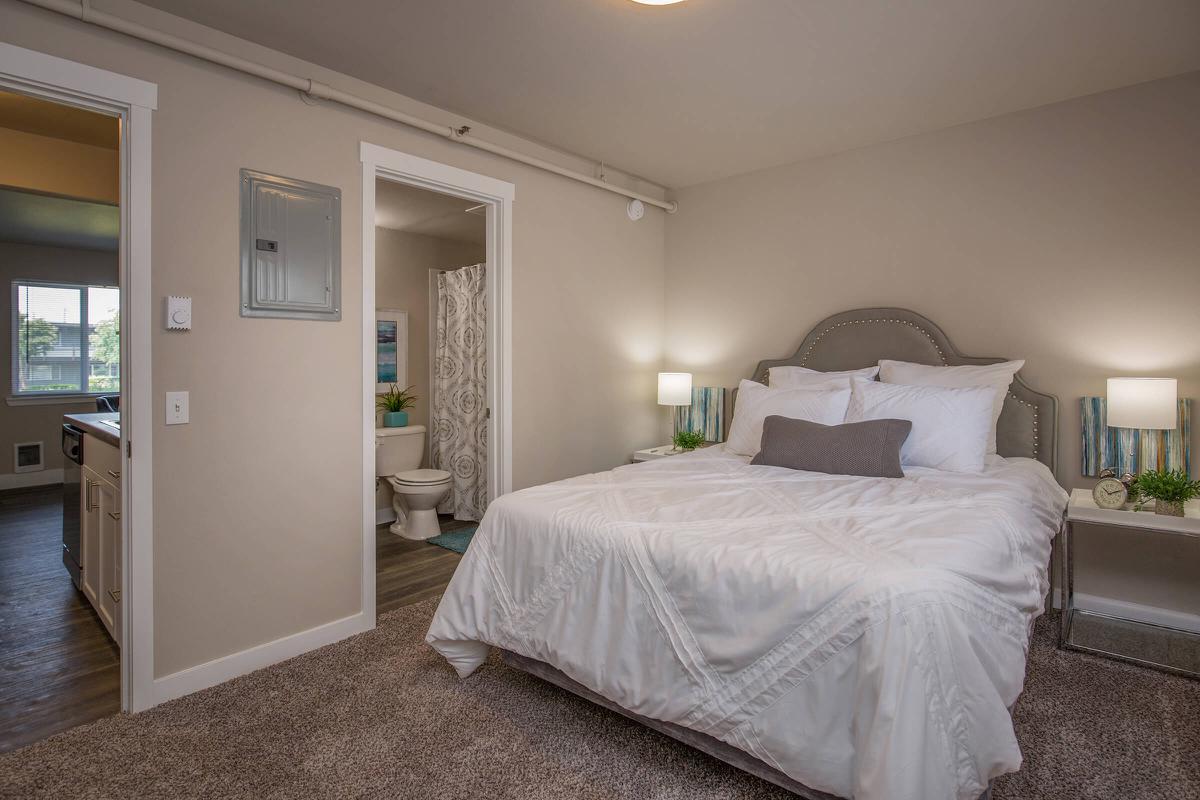 a bedroom with a large bed in a hotel room