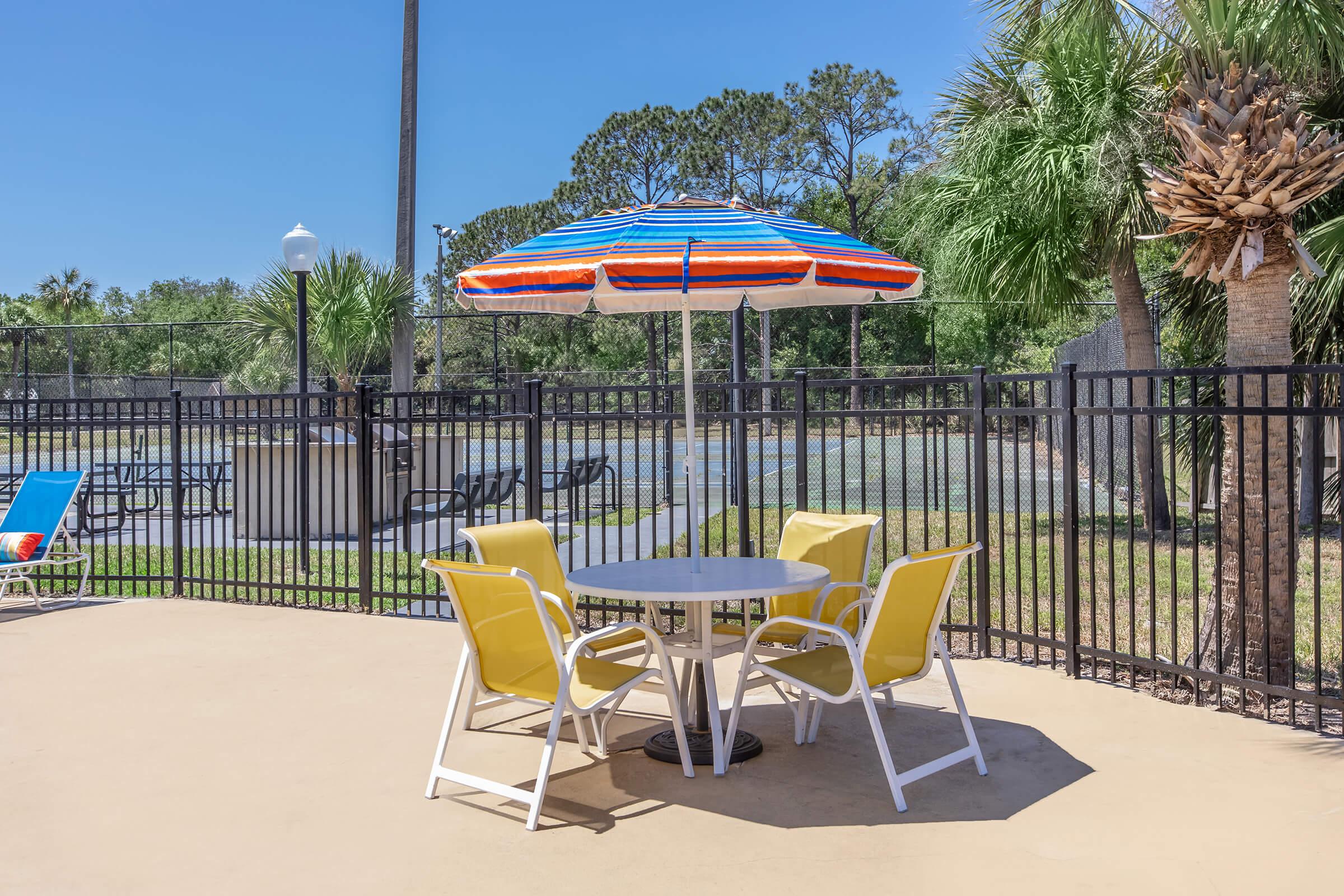 a group of lawn chairs sitting on top of a table