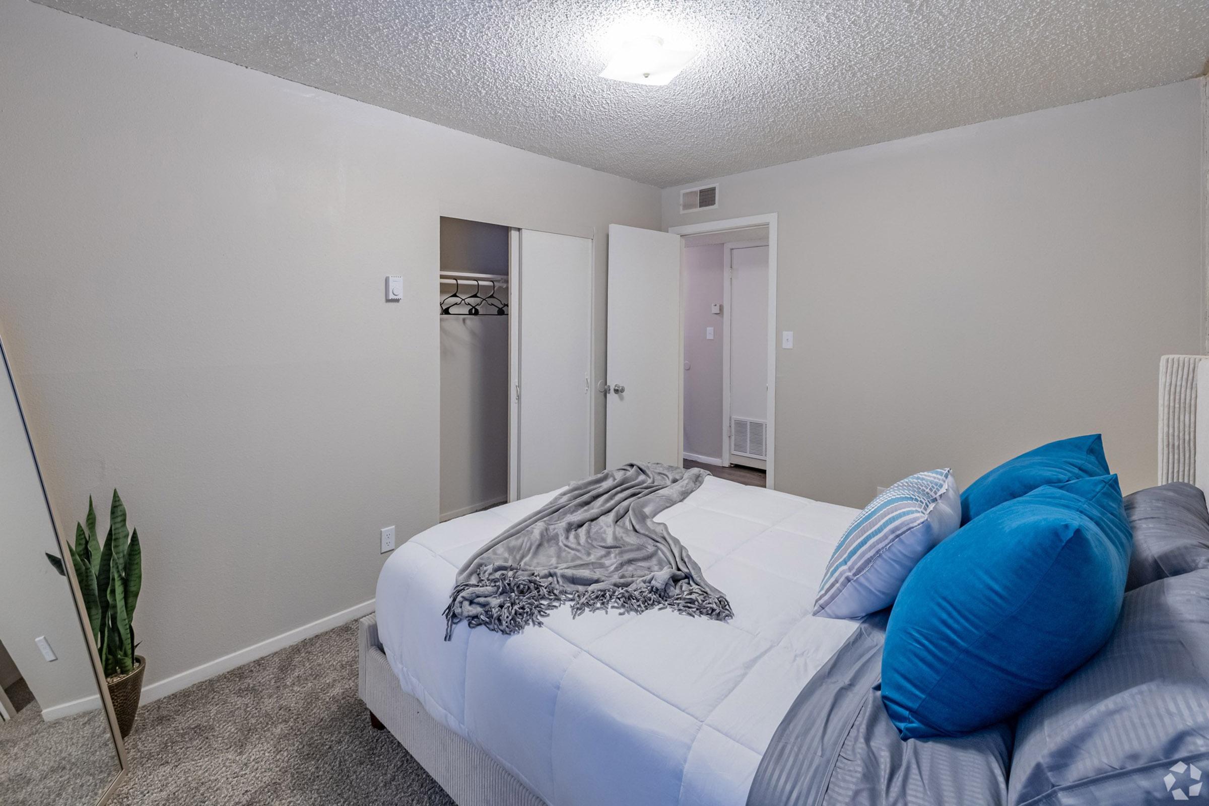 A cozy bedroom featuring a neatly made bed with blue and gray pillows. A large mirror reflects the room and a small indoor plant is positioned near the bed. A closet with sliding doors is visible, and there is a doorway leading to another room. The walls are painted a light color and the carpet is plush.
