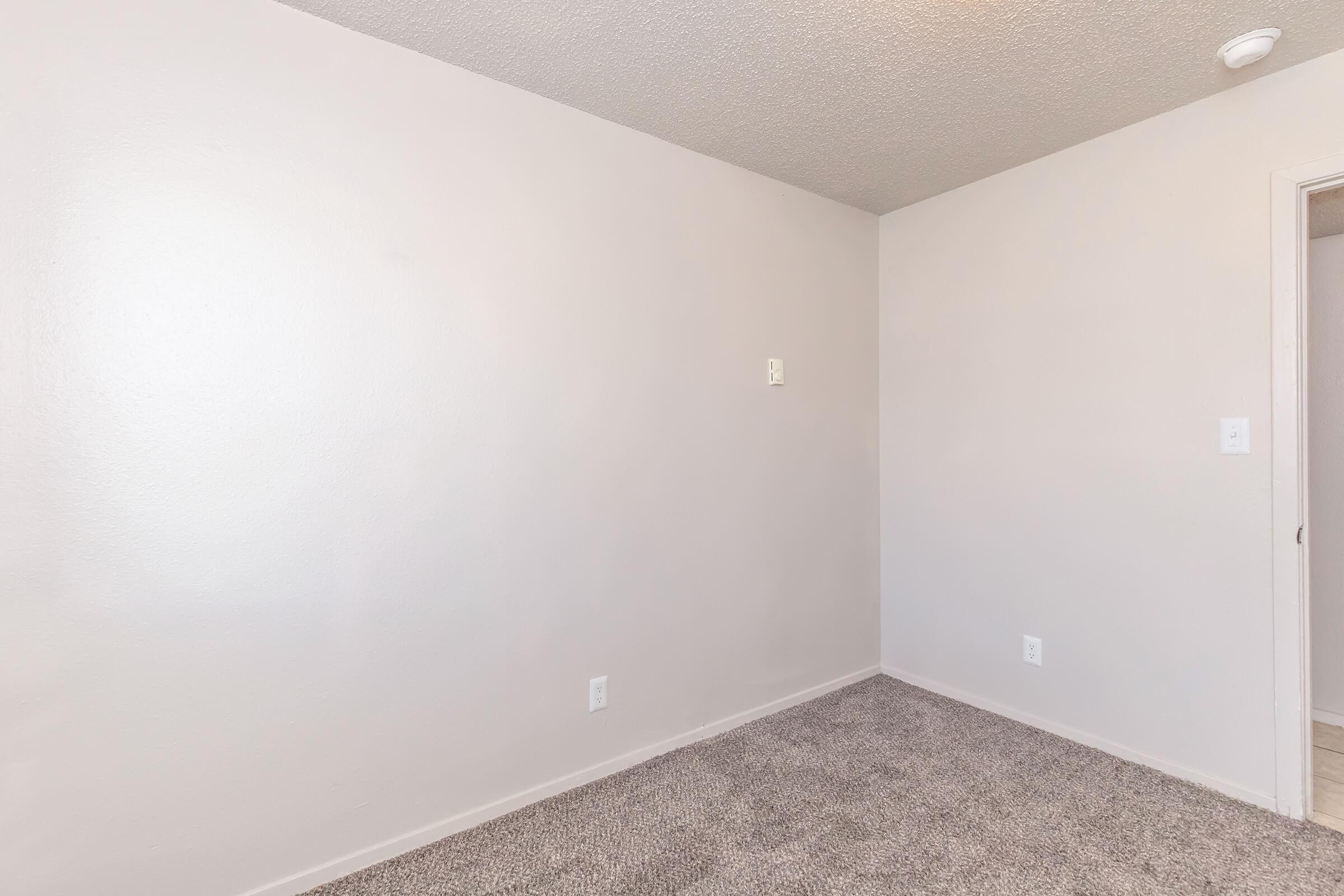 Empty interior room with light grey walls and beige carpet. A small light fixture is visible on the ceiling. There is a single door on the right leading to another space, but no furniture or decorations present. The room appears clean and well-maintained.