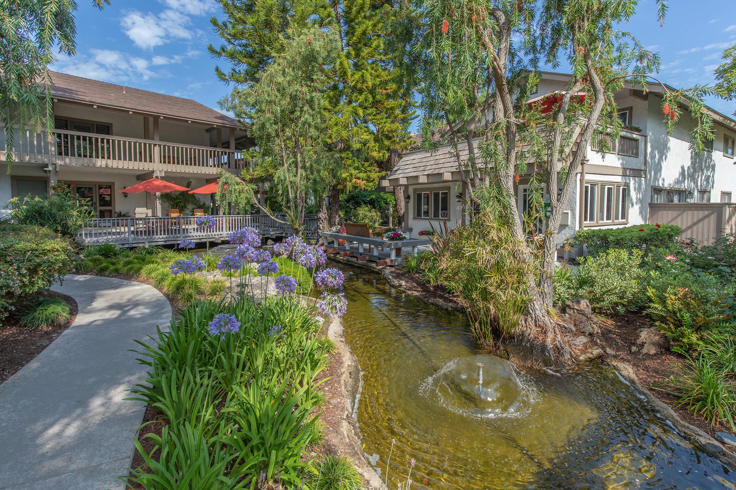 the community creek with green trees