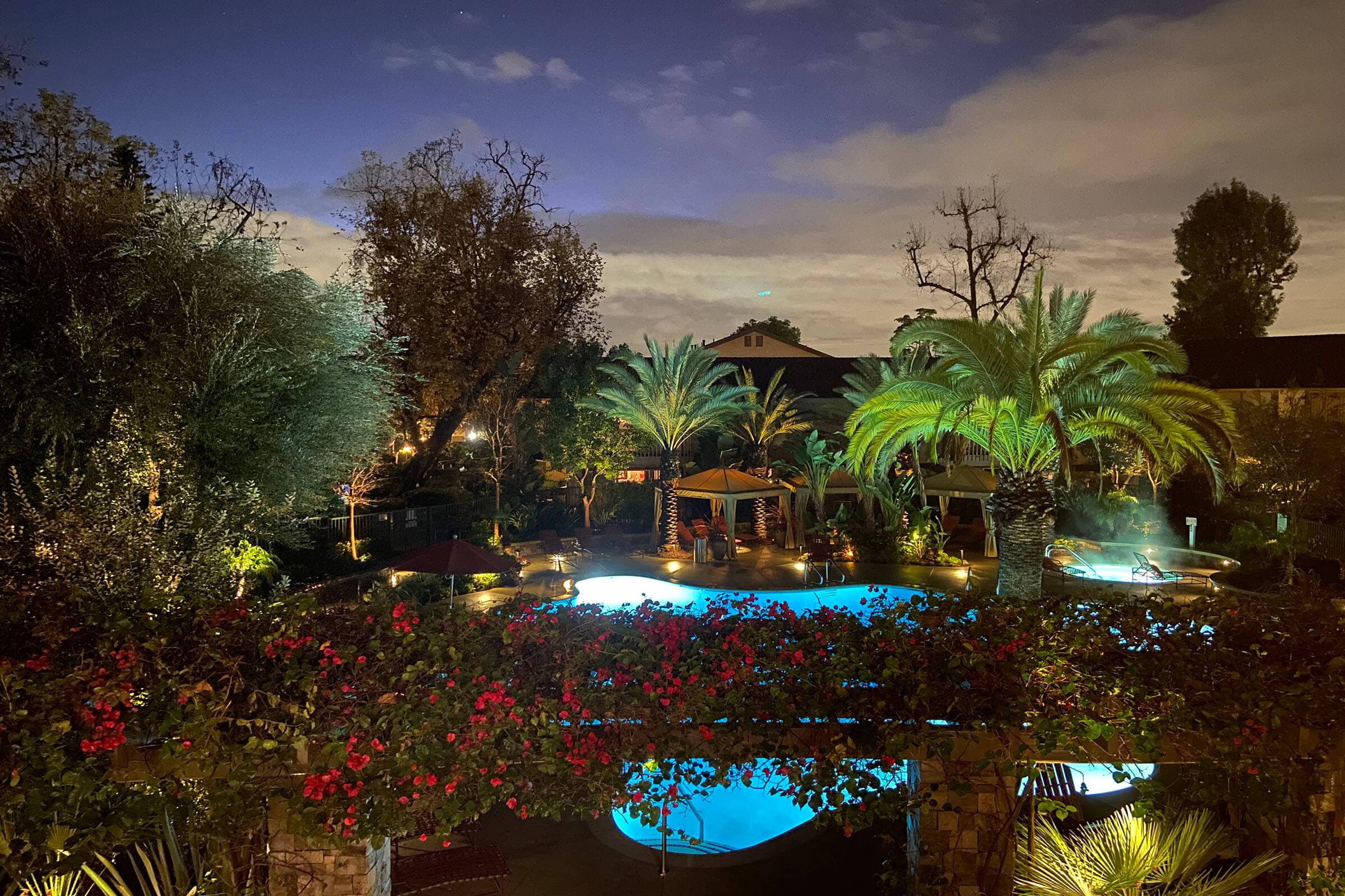 the community pool at night with red flowers