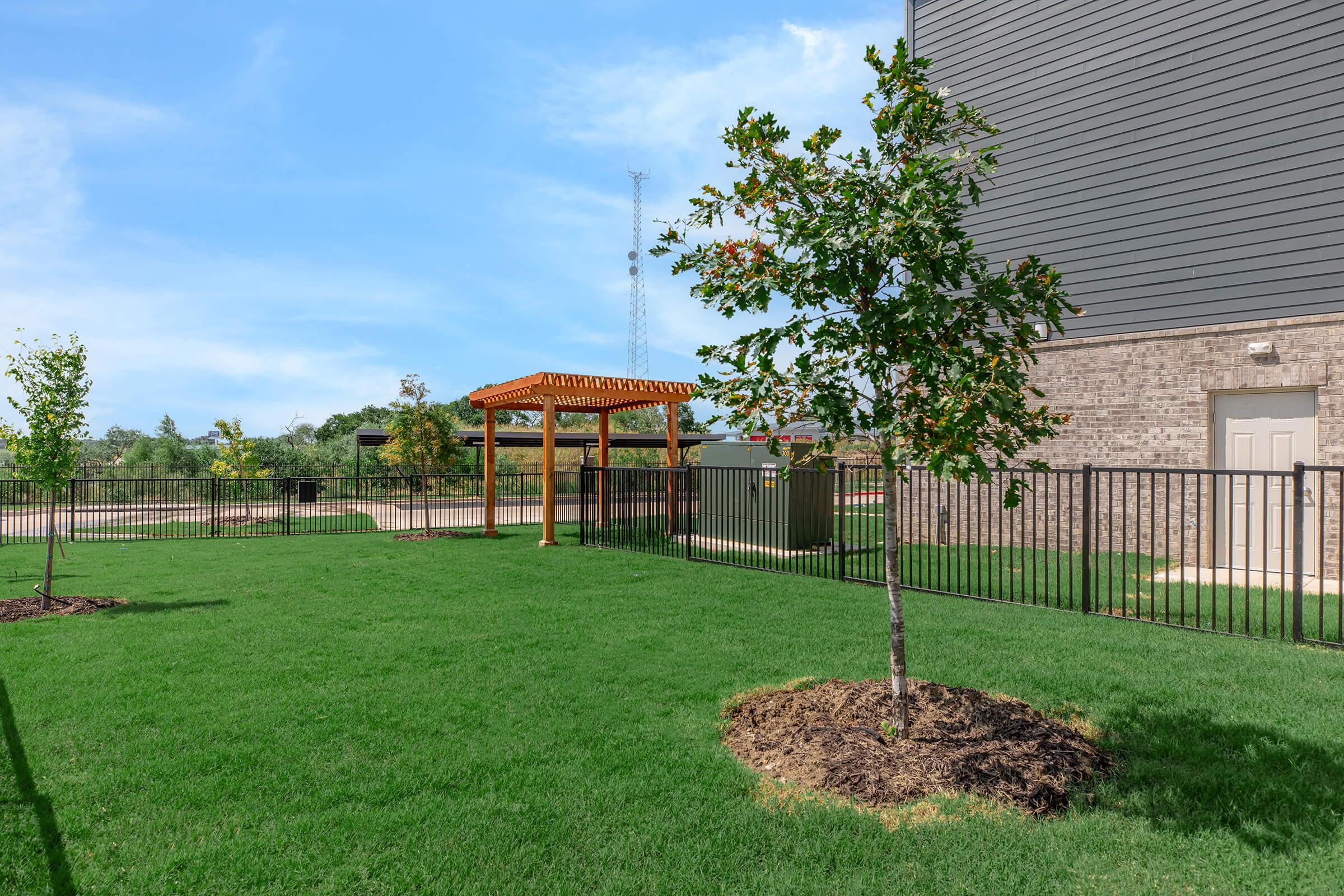 A green lawn with two small trees and a wooden pergola in the background. Alongside is a fenced area with a utility box and an open space, set against a modern building and clear blue sky. The scene conveys a clean, well-maintained outdoor environment.