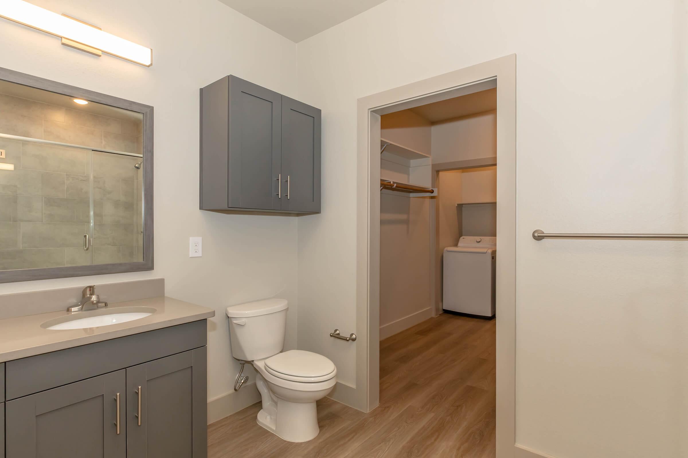 A modern bathroom featuring a grey vanity with a sink and a large mirror, a white toilet, and a door leading to a laundry area with a washer. The flooring is light wood, and the walls are painted in neutral tones, creating a clean and contemporary look.