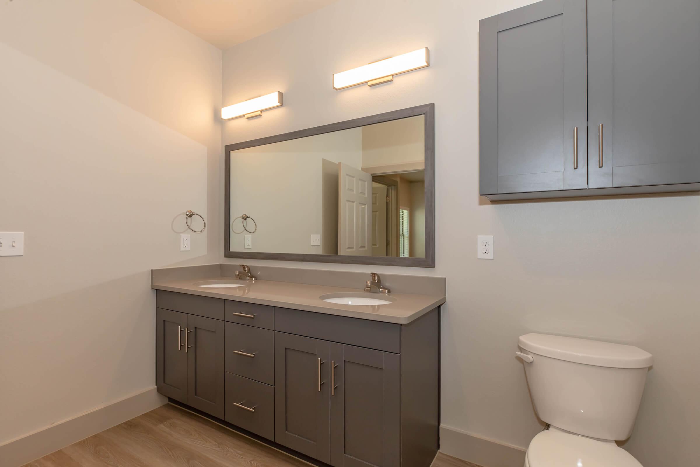 Modern bathroom featuring a double sink vanity with gray cabinetry, a large mirror, two wall-mounted light fixtures, a toilet, and neutral wall colors. The floor has light-colored vinyl planks, contributing to a clean and spacious aesthetic.
