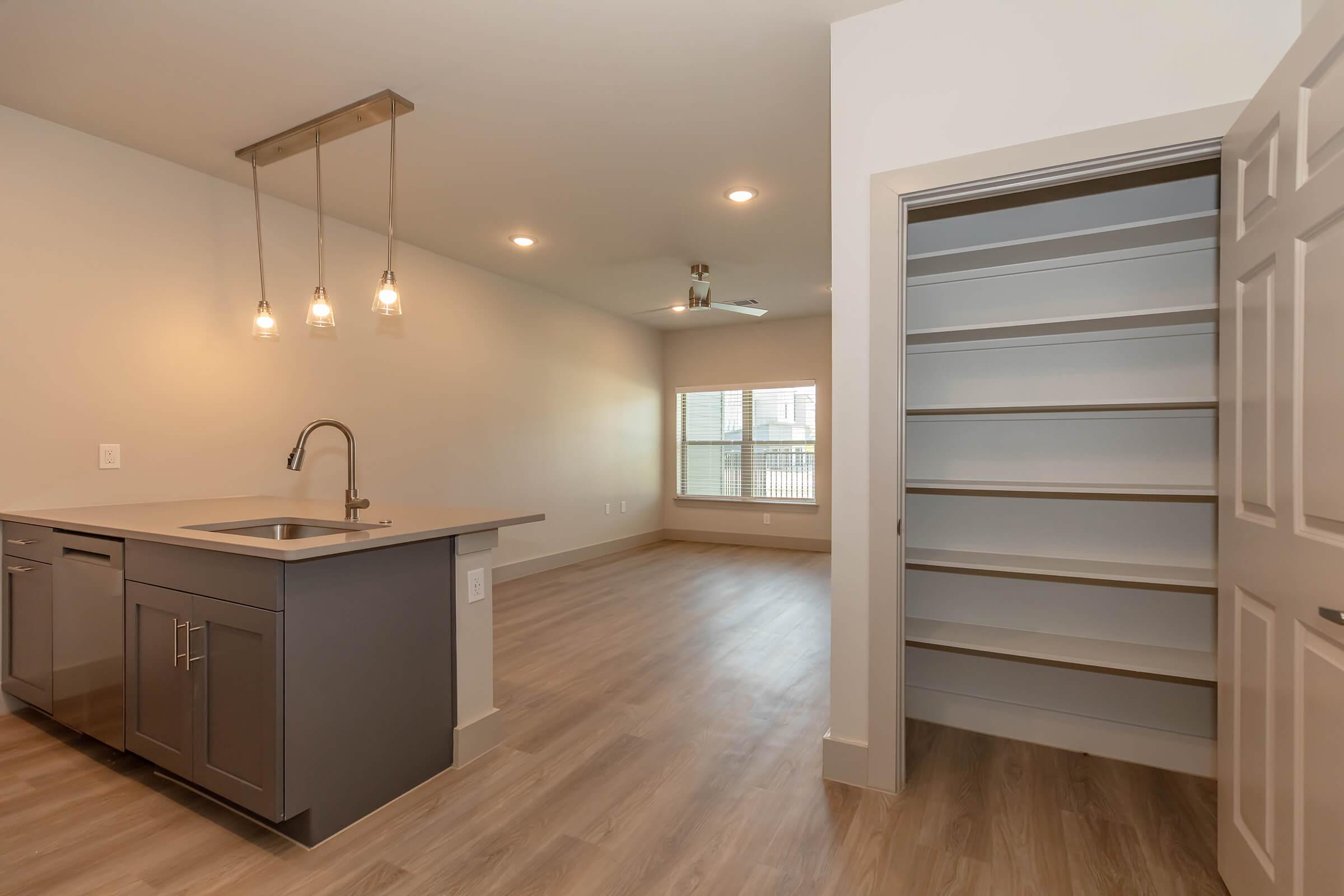 A modern kitchen and living area showcasing a gray kitchen island with a sink and pendant lighting. There's a spacious pantry or closet with open shelves, and large windows in the background allowing natural light into the room. The flooring is light wood, creating a warm and inviting atmosphere.