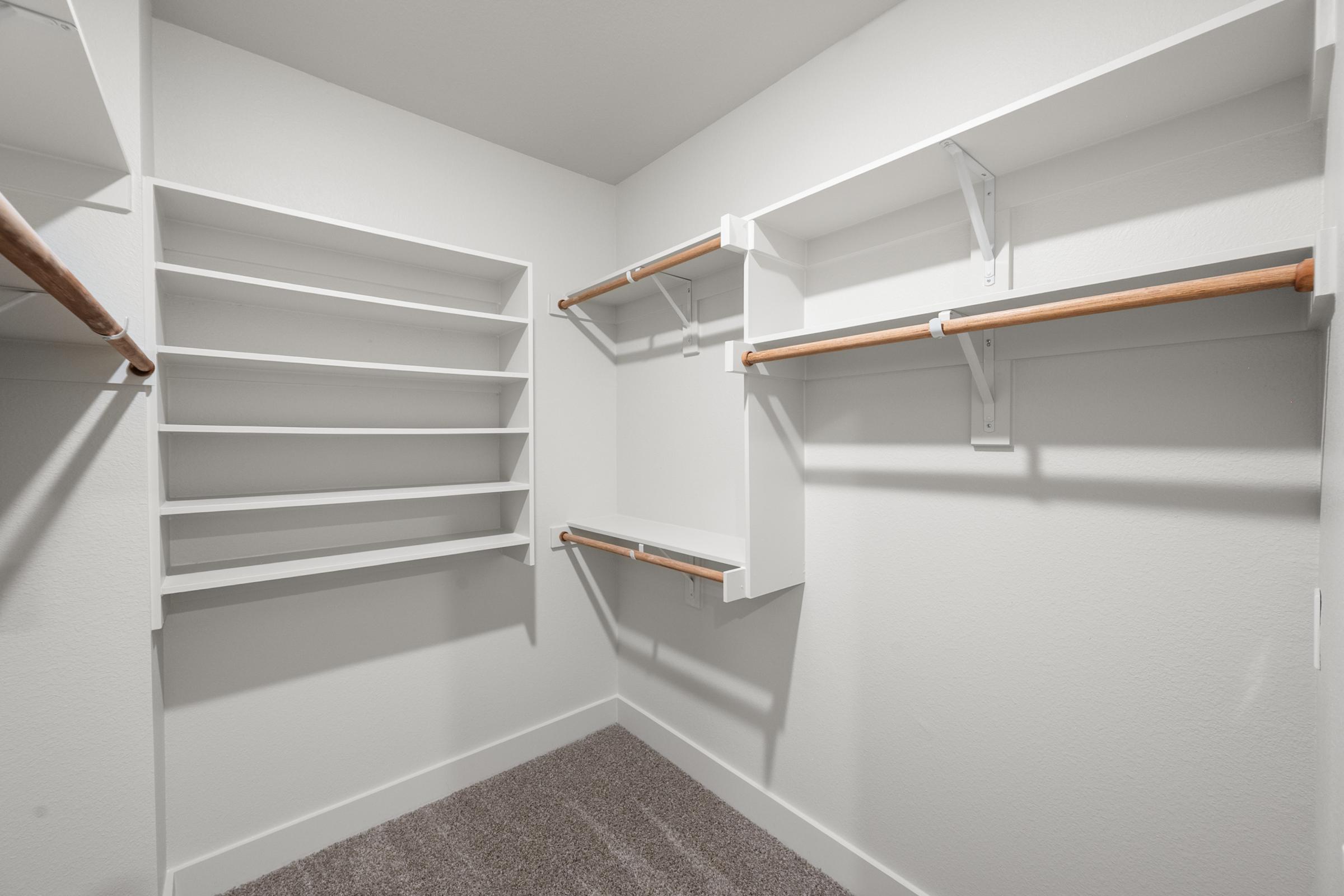 Oversized closet in the A3 unit offering generous storage with built-in shelving and hanging space.