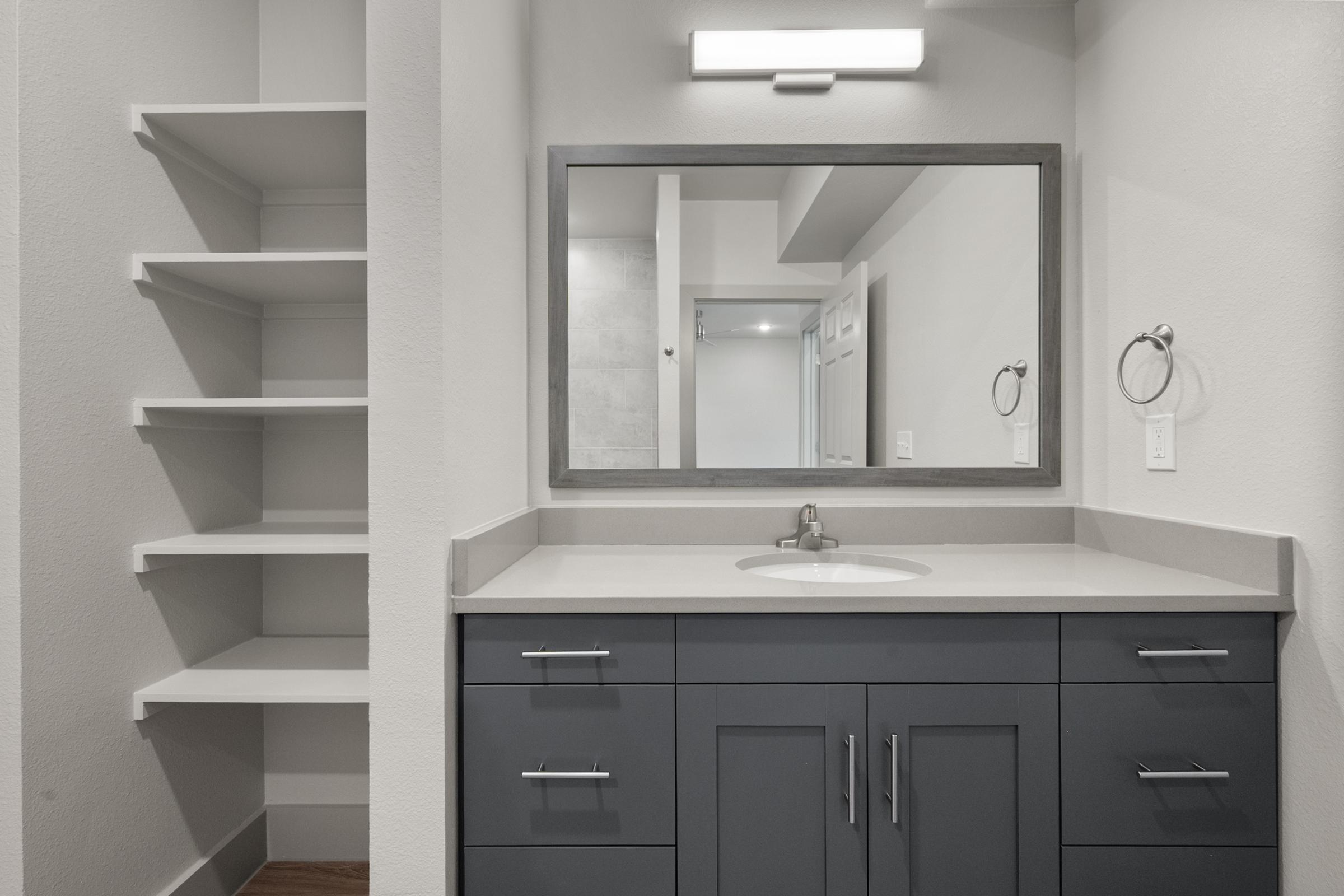 Bathroom with shower-tub combination and contemporary fixtures in the A3 Floor Plan at The Emma Apartments.