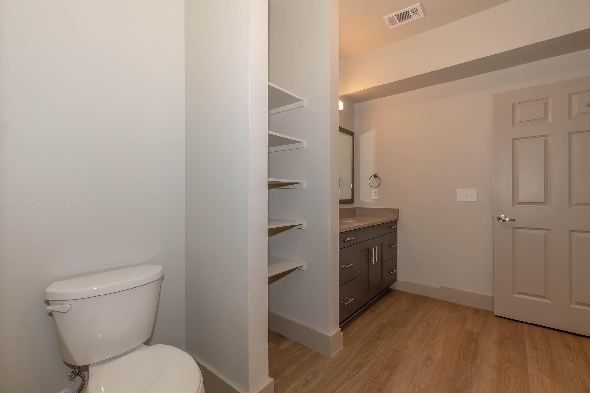 A modern bathroom interior featuring a white toilet, a sleek gray vanity with a mirror, and open shelving. The walls are painted in a light color, and the flooring is light wood. A closed door is visible on the right side of the image. The overall design is clean and contemporary.