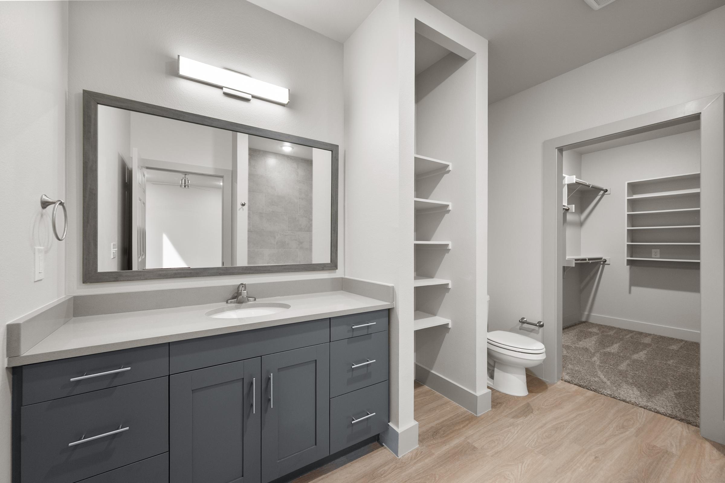 Bathroom in the A4 Floor Plan at The Emma Apartments featuring a shower-tub combination, modern fixtures, and a clean, contemporary design.