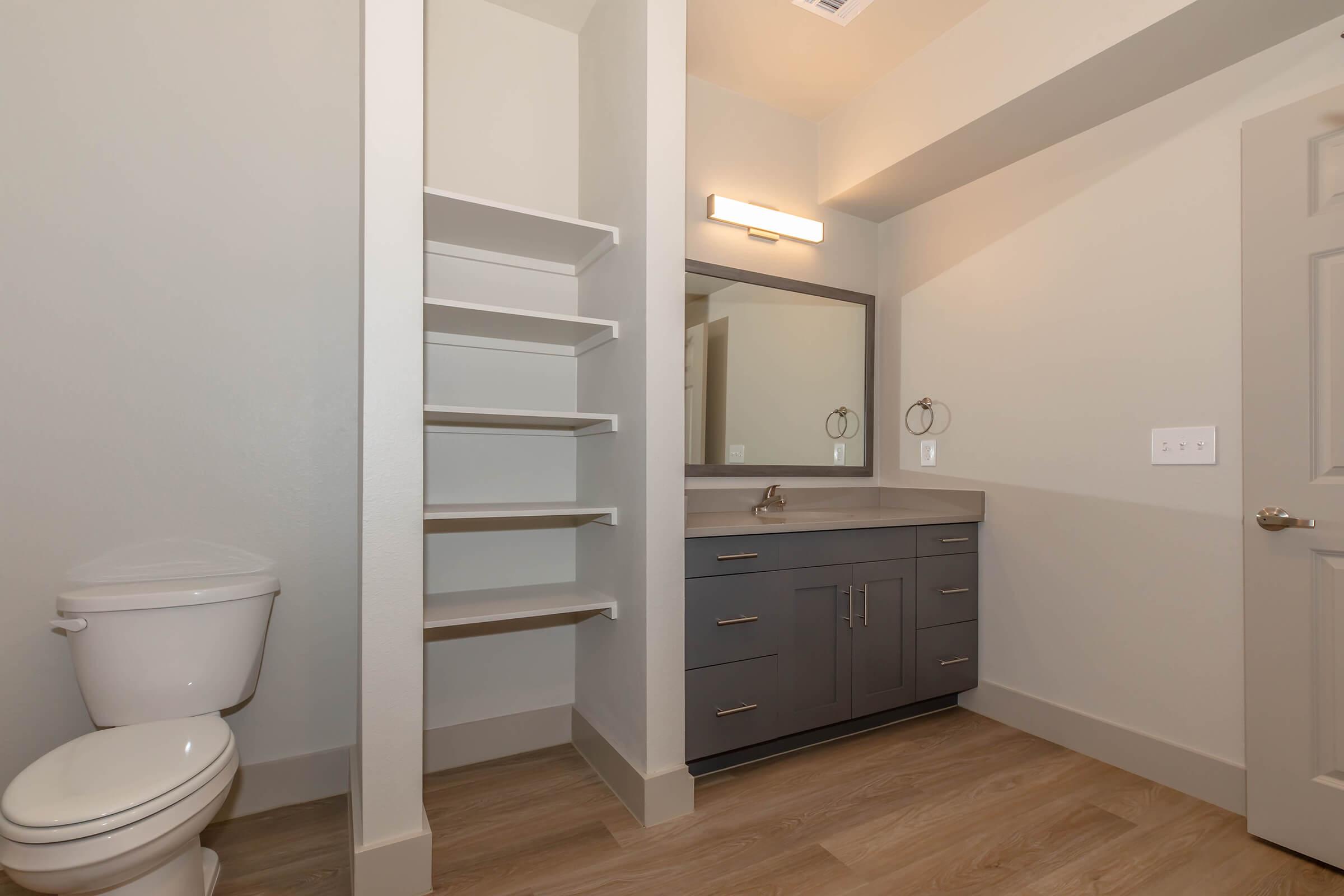 A modern bathroom featuring a white toilet, a gray vanity with a sink, and a large mirror above it. There are shelves beside the vanity for storage. The walls are painted a light color, and the flooring is a warm, light wood. The overall design is clean and contemporary.