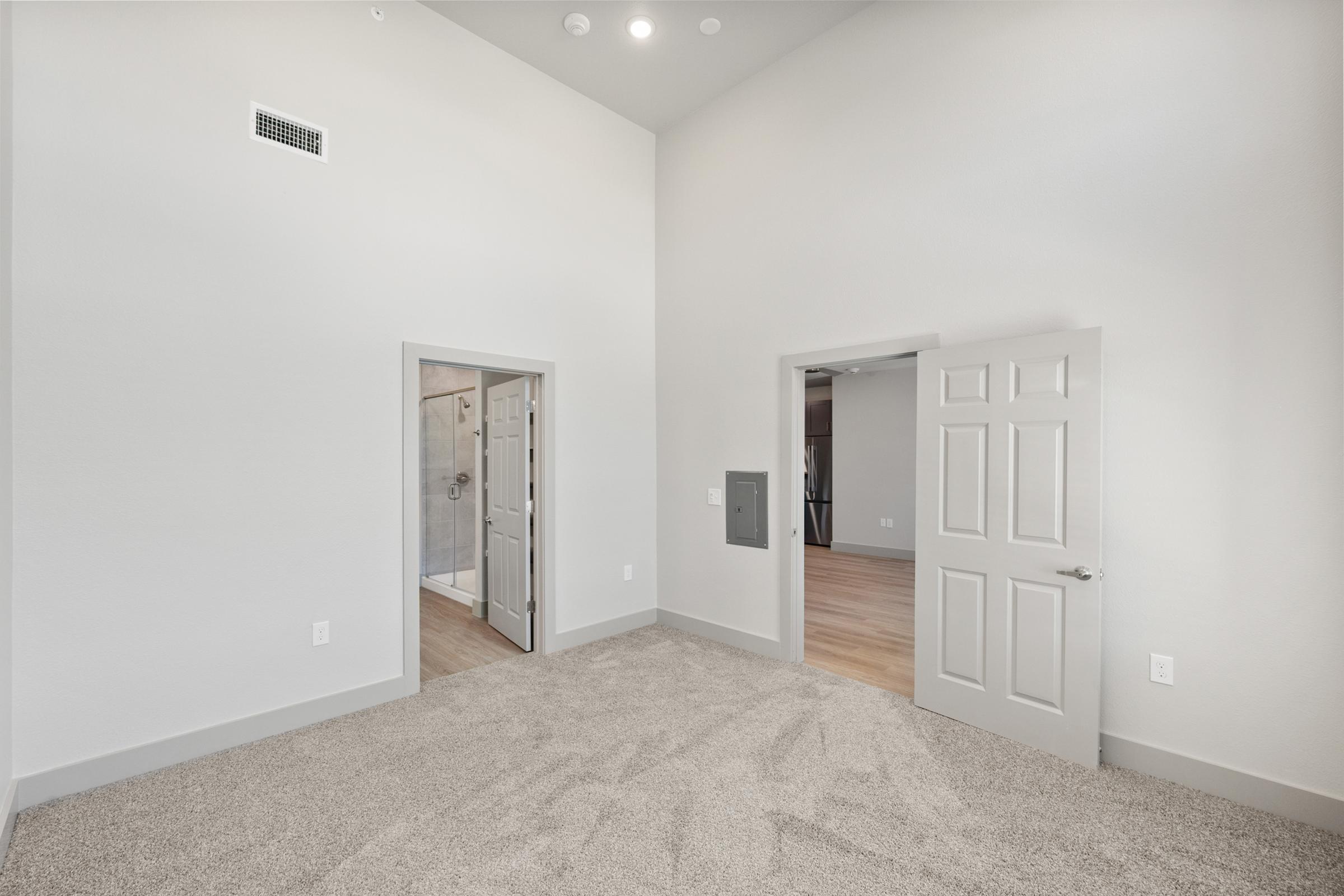 Spacious primary suite in the B1 Floor Plan featuring soft carpet, natural light, and direct access to an ensuite bathroom and walk-in closet.