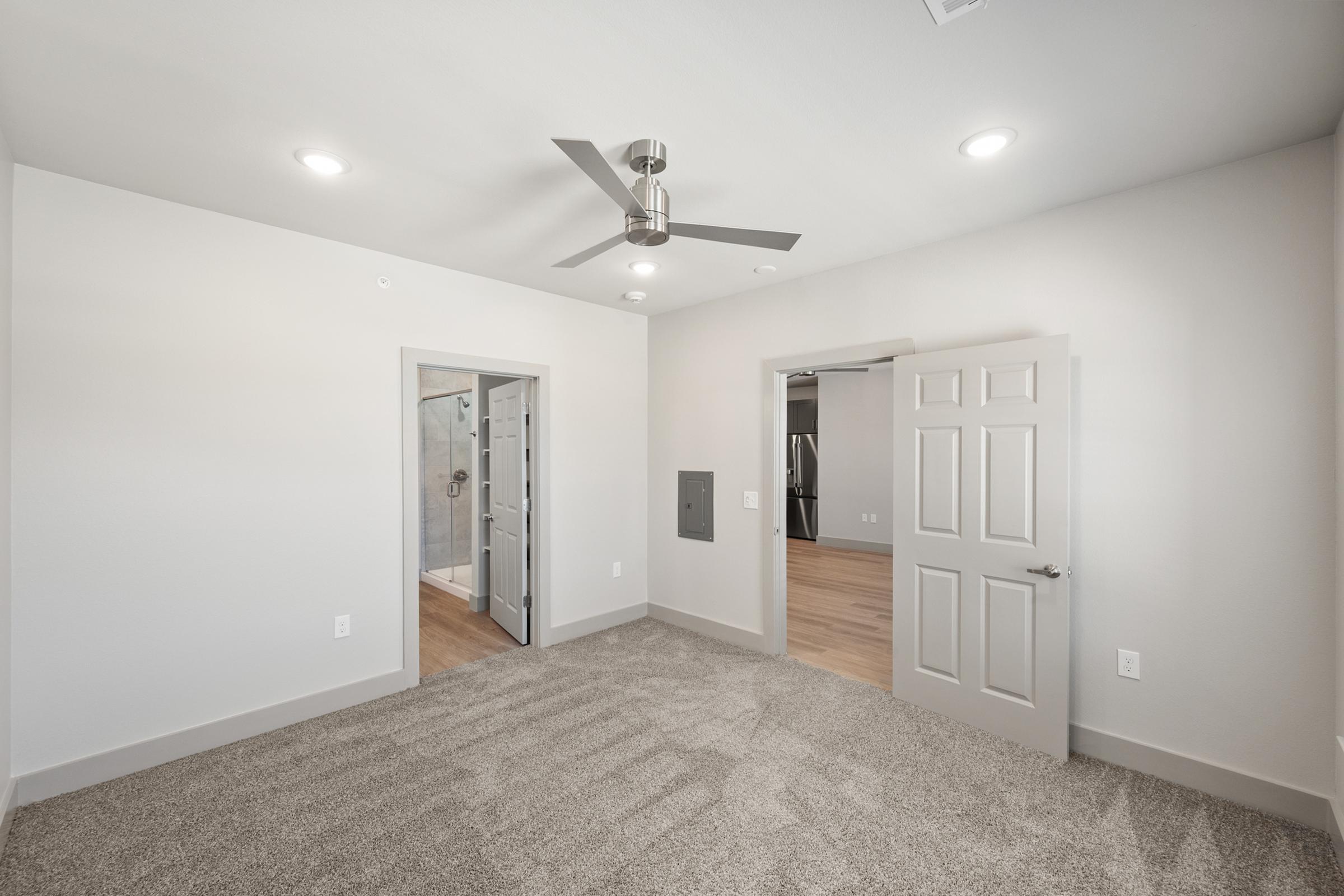 Primary bedroom in the B2 unit featuring plush carpet, natural light, and direct access to a large walk-in closet and ensuite bathroom.