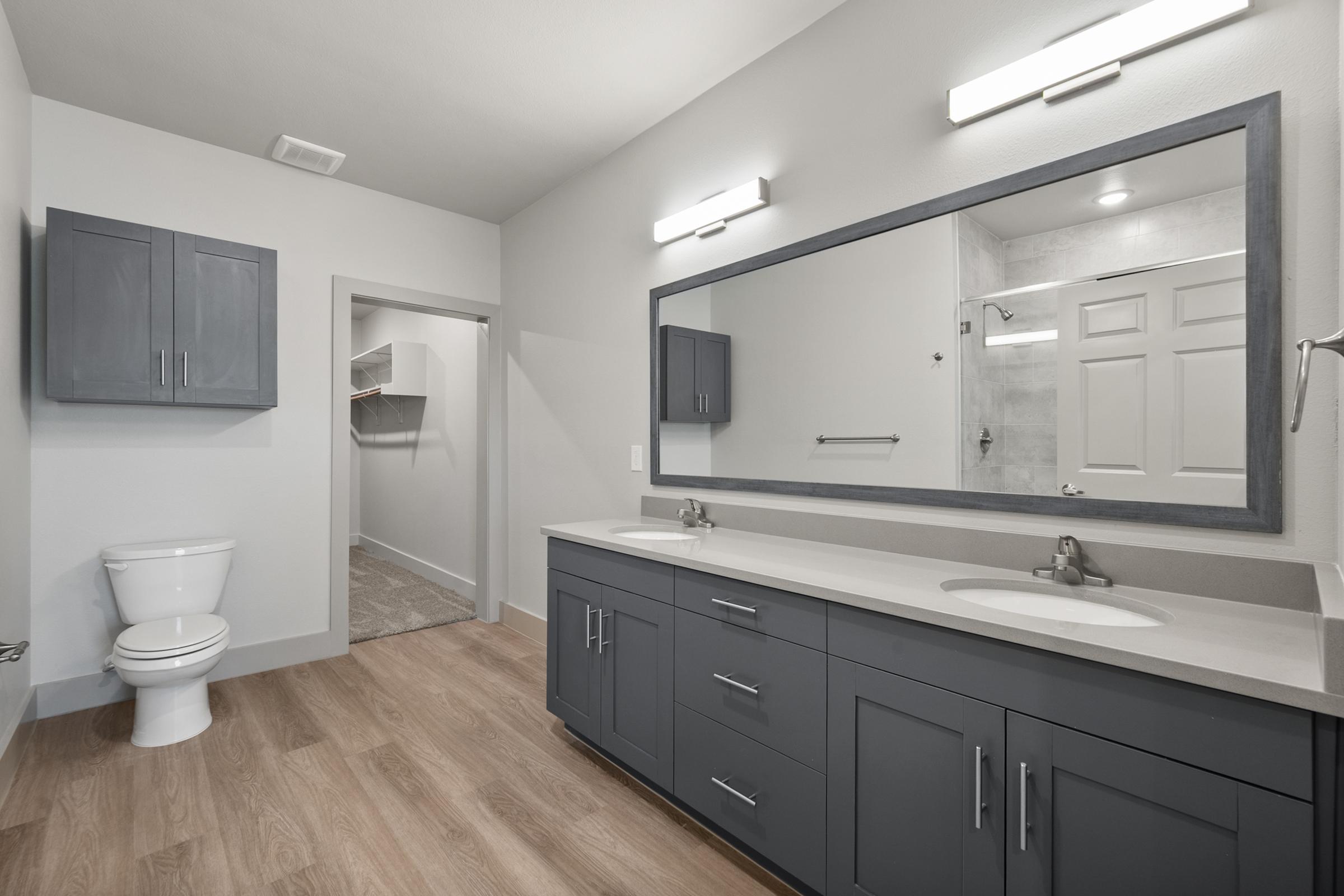 Modern primary bathroom with dual vanities, a walk-in shower, and stylish fixtures, offering a spa-like retreat.