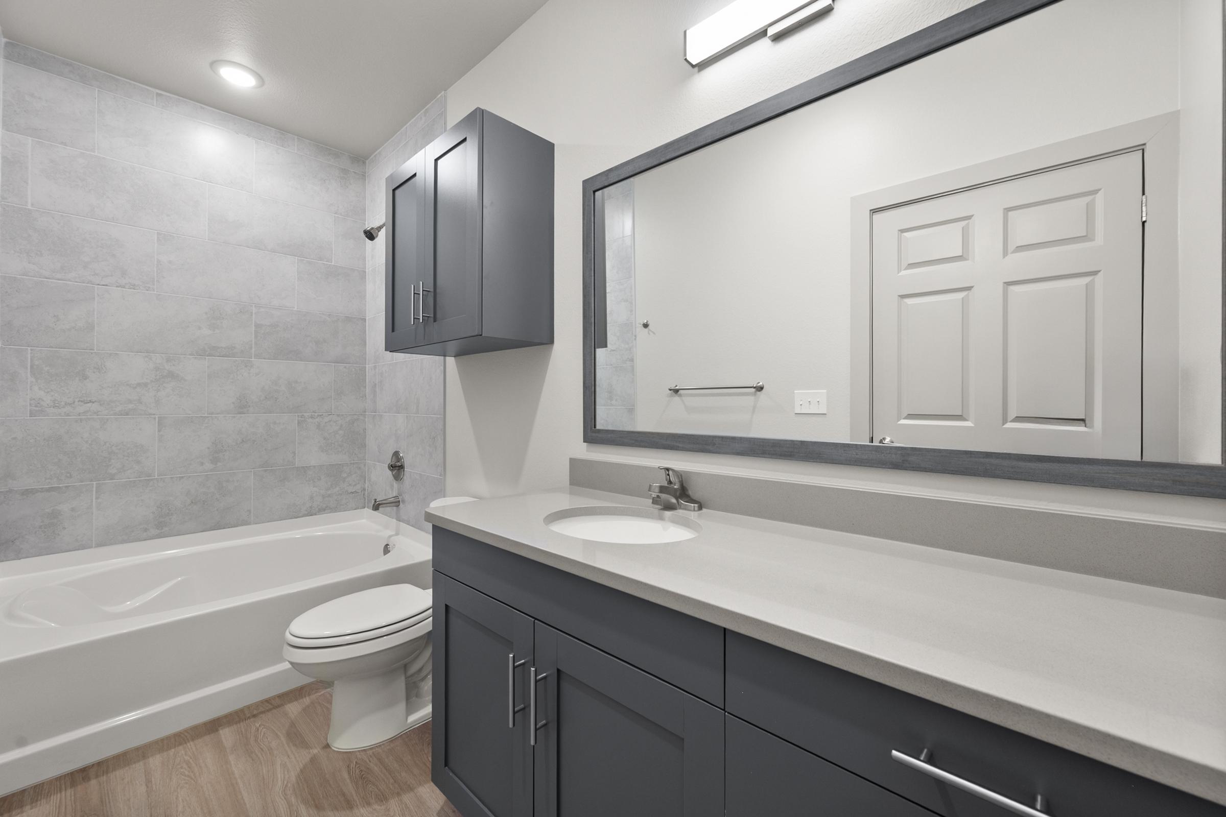Secondary bathroom in the C1 unit featuring a tub-shower combination, modern vanity, and clean, contemporary design.