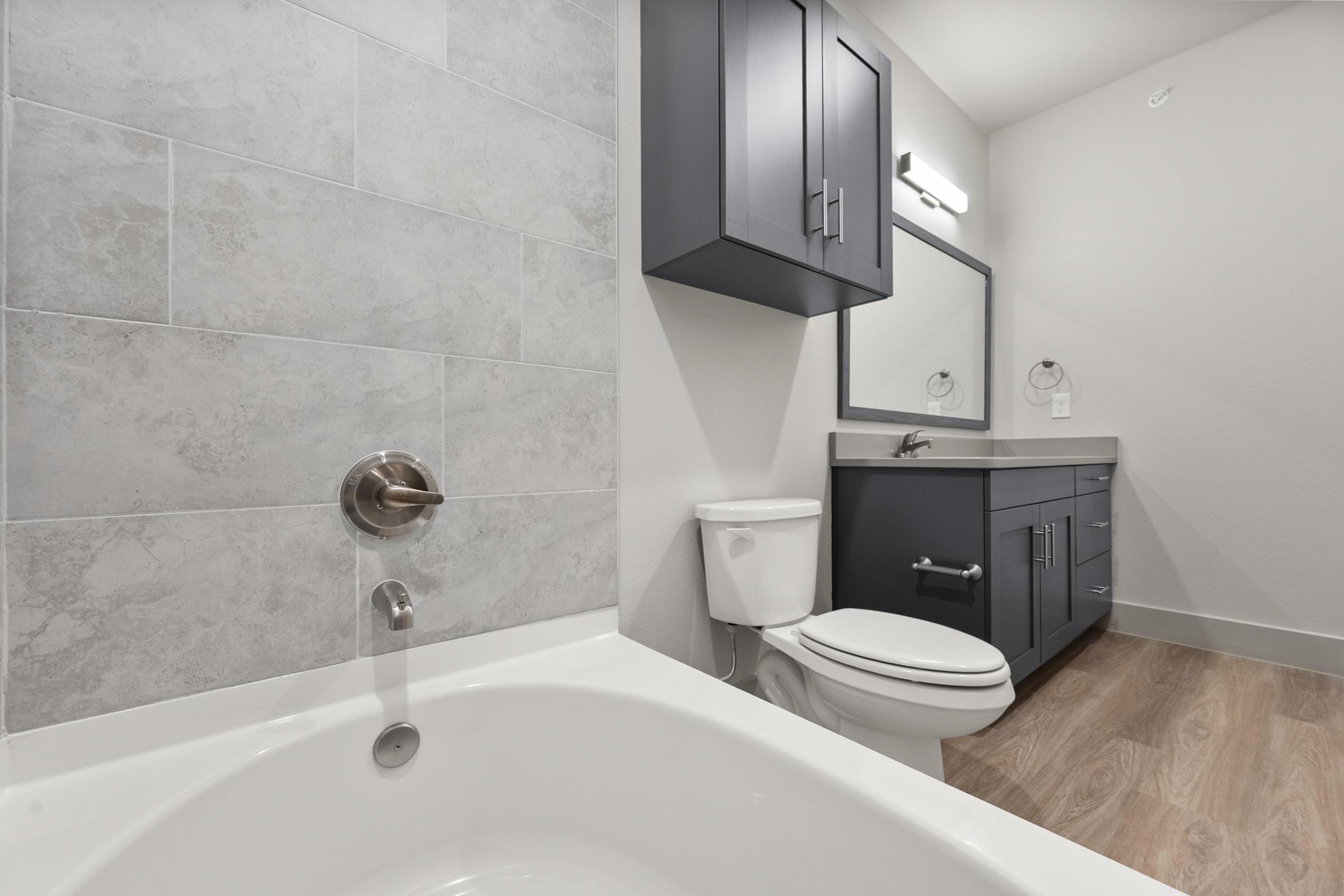 Secondary bathroom in the C1 unit featuring a tub-shower combination, modern vanity, and clean, contemporary design.