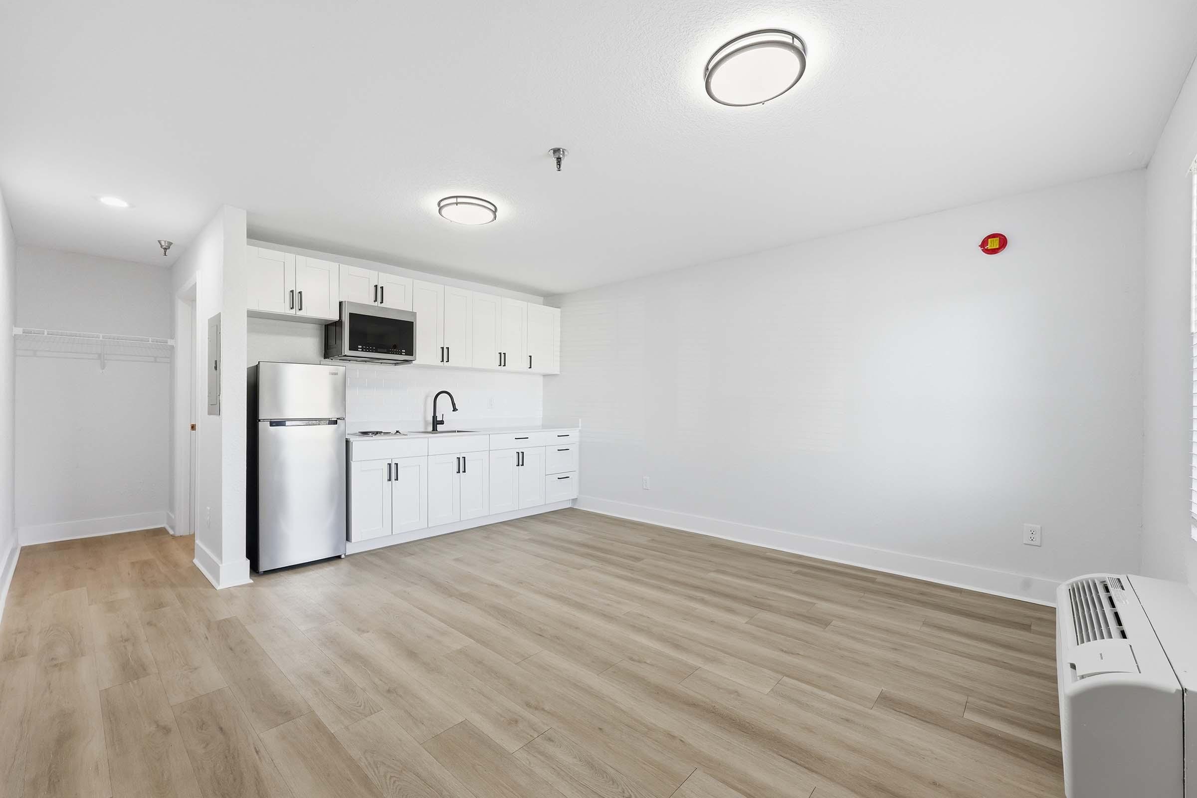 Modern apartment interior featuring a spacious, empty living area with light wood flooring, two ceiling lights, and a kitchenette with white cabinets, stainless steel appliances, and a microwave. A small closet and a wall-mounted air conditioner are visible. Walls painted in light colors enhance the bright atmosphere.