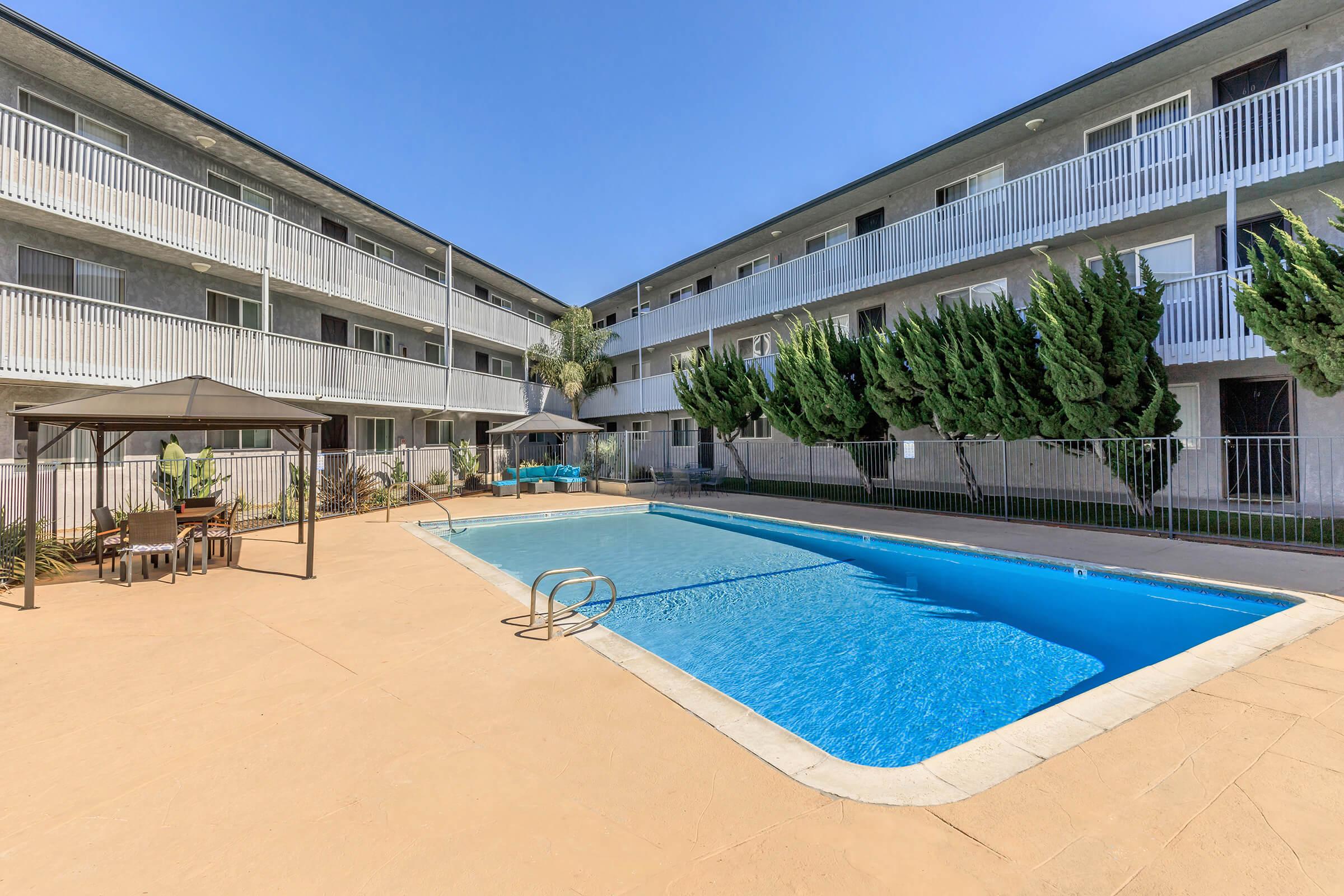 a pool next to a building