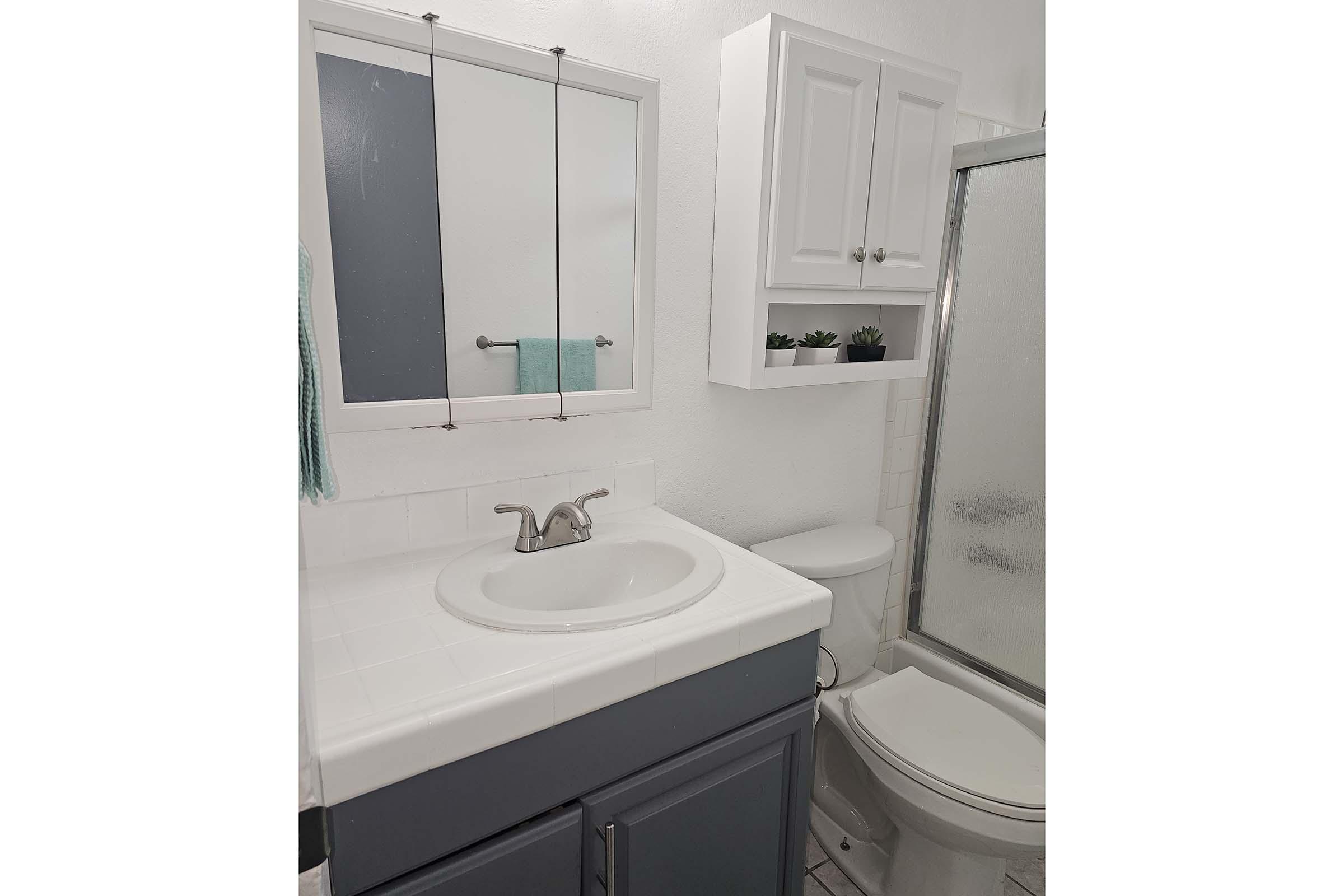 a sink sitting under a mirror