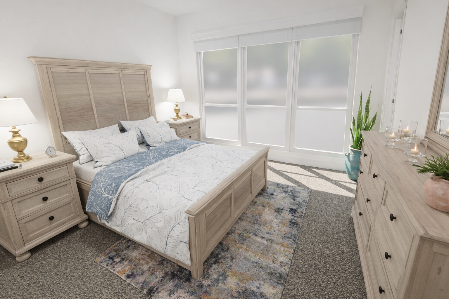A modern bedroom featuring a light wooden bed frame with a blue and white comforter, flanked by two bedside tables with lamps. A dresser is against one wall, and a potted plant is positioned in front of a large window letting in natural light. The room has a neutral color palette with a soft area rug.