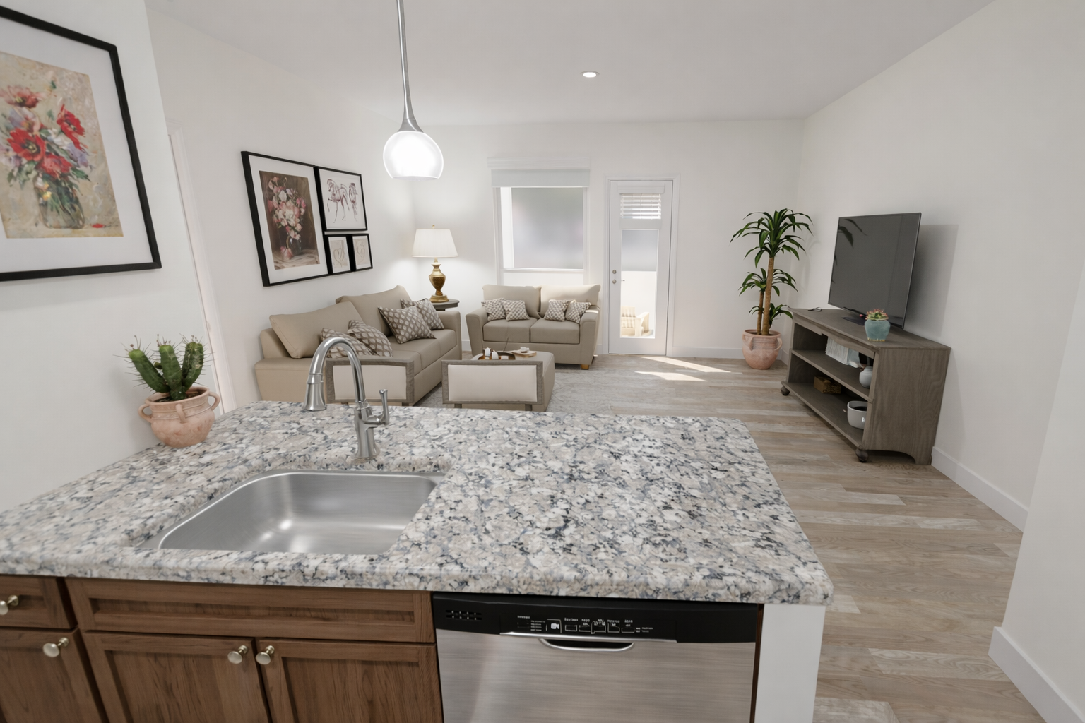 Modern interior view of a living space featuring a kitchen with a granite countertop, a sink, and a dishwasher. In the background, a cozy living room is visible with a sofa, decorative pillows, a potted plant, and a television. Natural light floods the room through large windows.