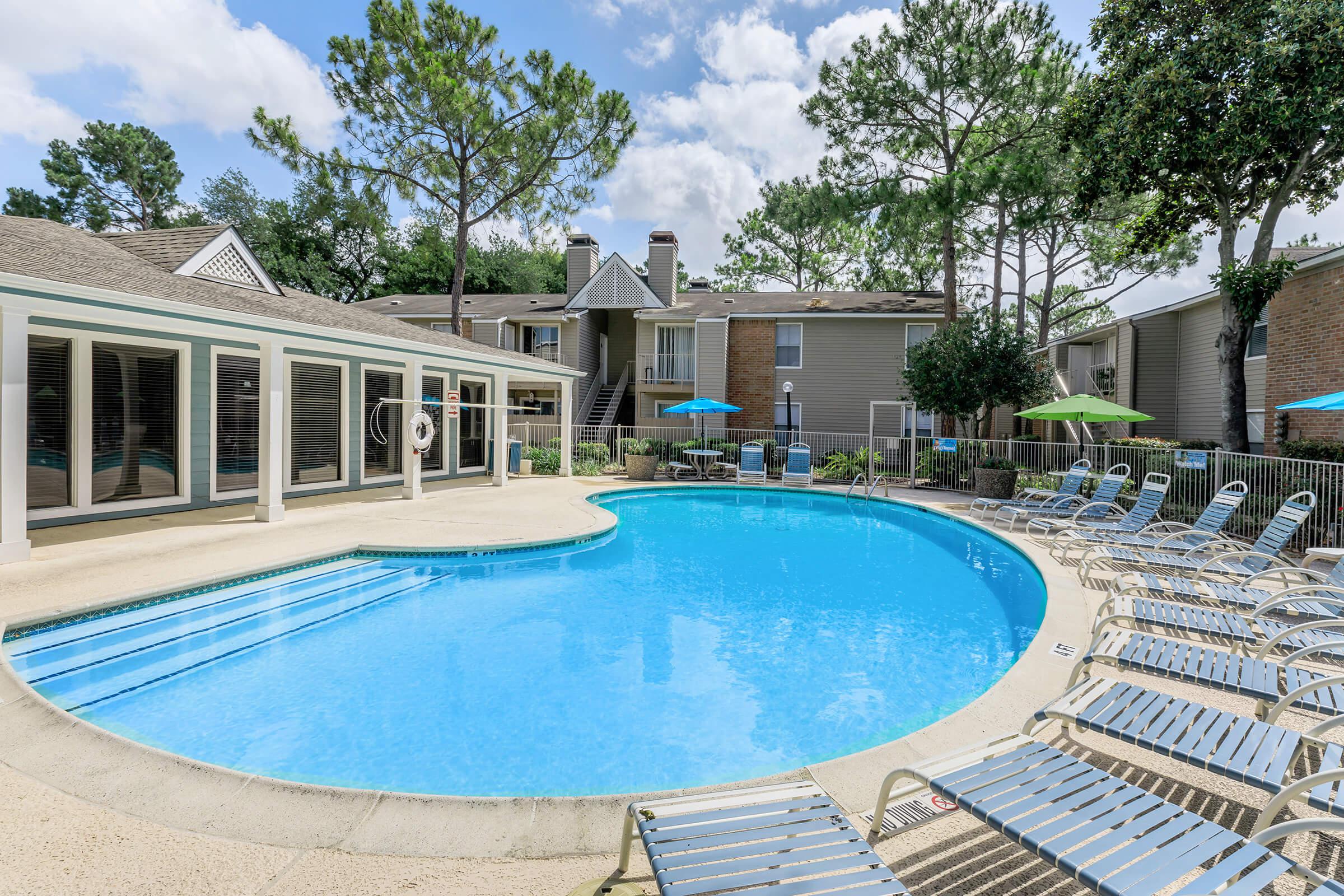 a pool next to a building