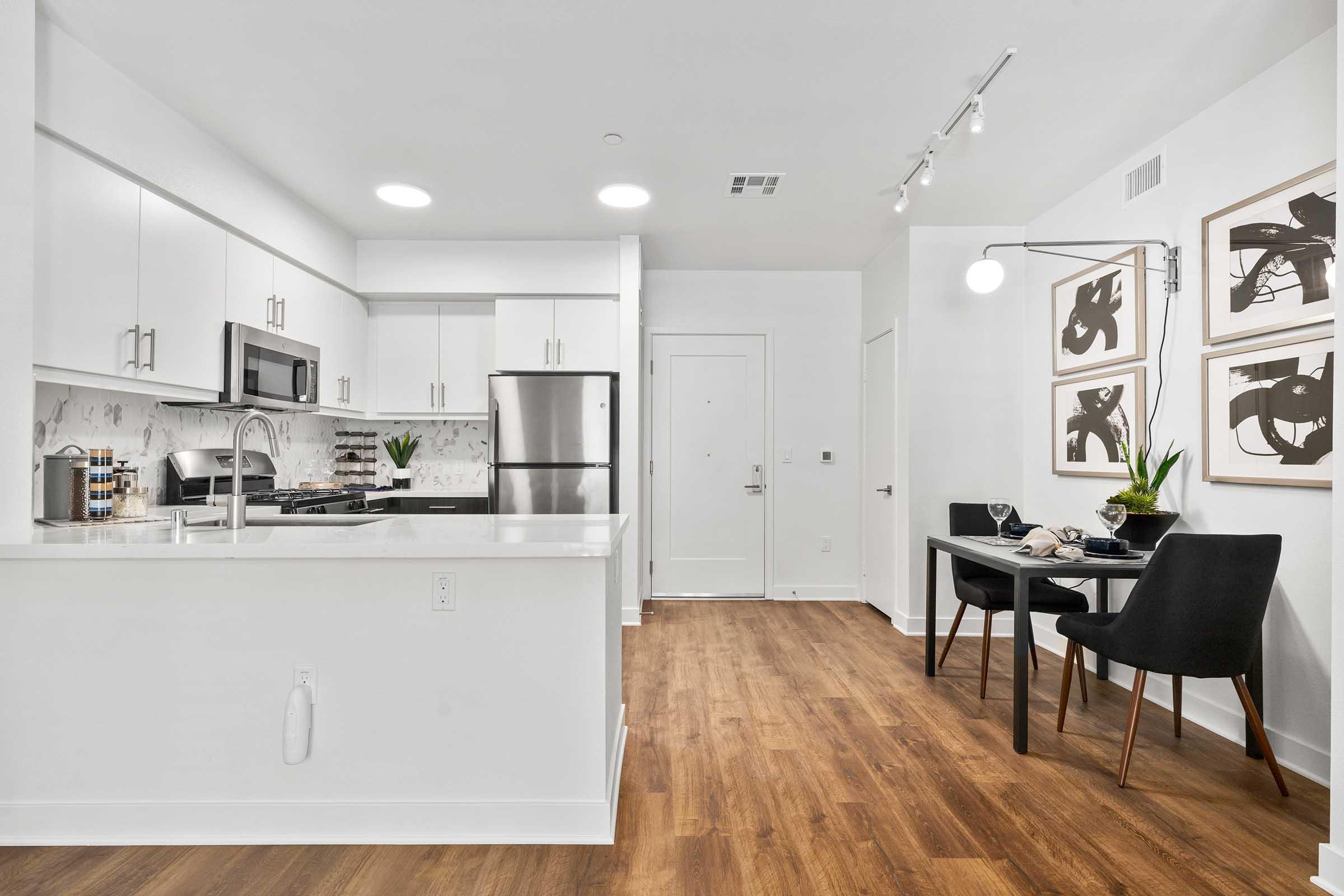 a dining room with a dining table