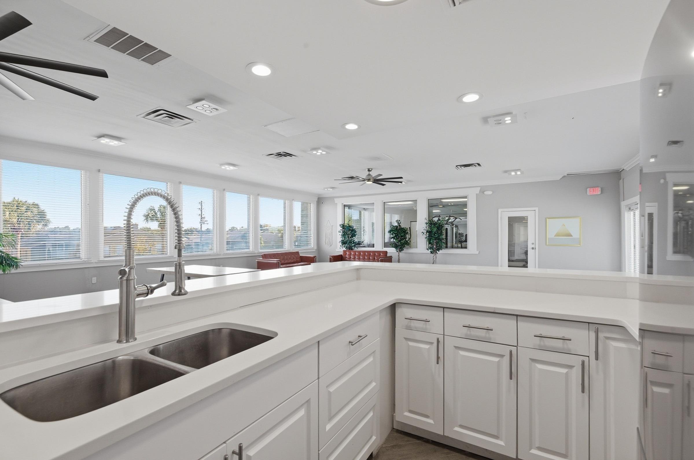 Modern kitchen with a spacious layout featuring a large white countertop, sleek sink, and stylish cabinetry. Bright natural light floods the room through large windows, showcasing a contemporary design. It includes ceiling fans and green plants, creating a fresh and inviting atmosphere.