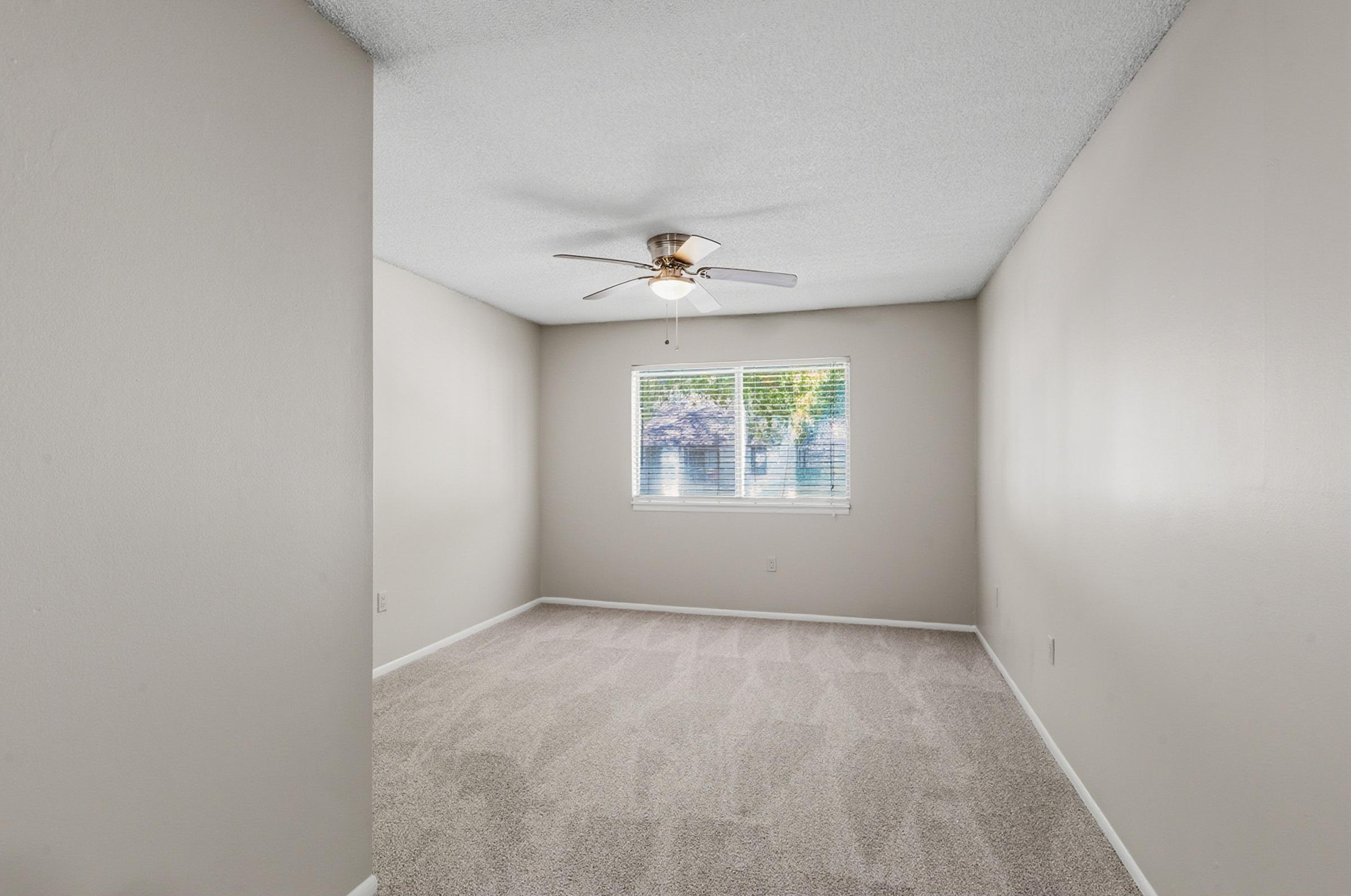 A well-lit empty room with light gray walls and a ceiling fan. The floor is carpeted in a soft beige color. A window with white blinds allows natural light to enter, showcasing views of greenery outside. The space is clean and ready for furnishings.