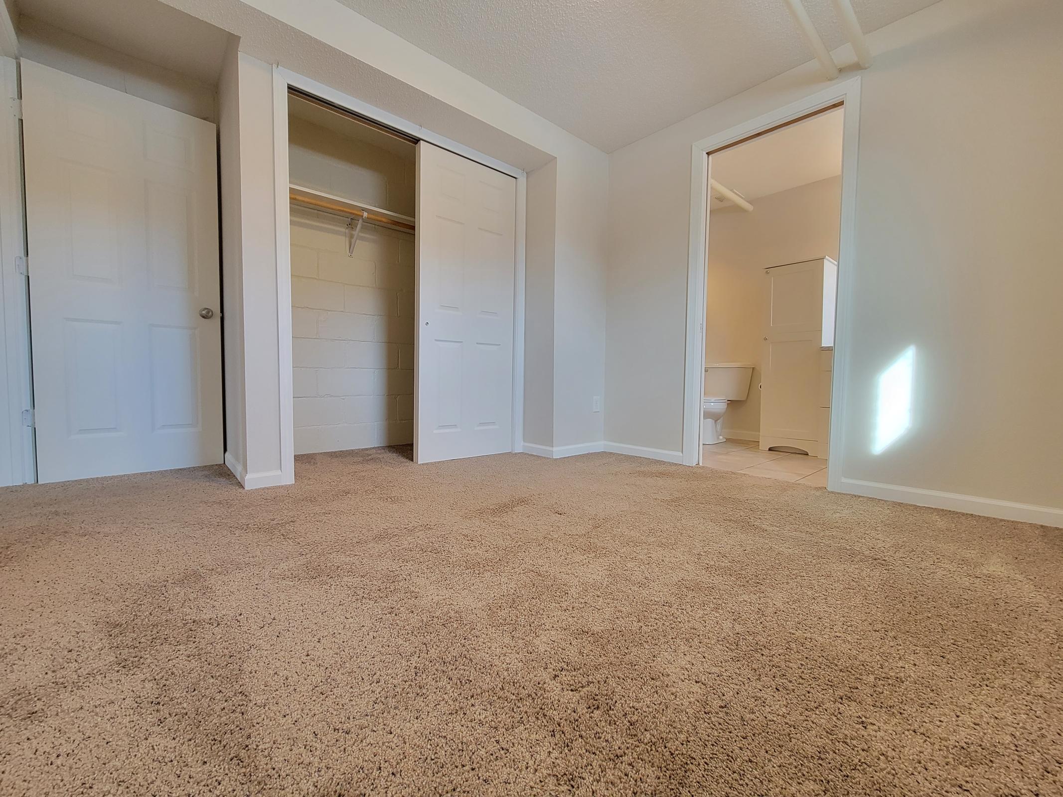 A clean, spacious room with light beige carpet. Two doors on the left lead to a closet and a bathroom, while a third door on the right opens to a different room. The walls are painted in a light color, and natural light enters through the doorways. The overall feel is bright and inviting.