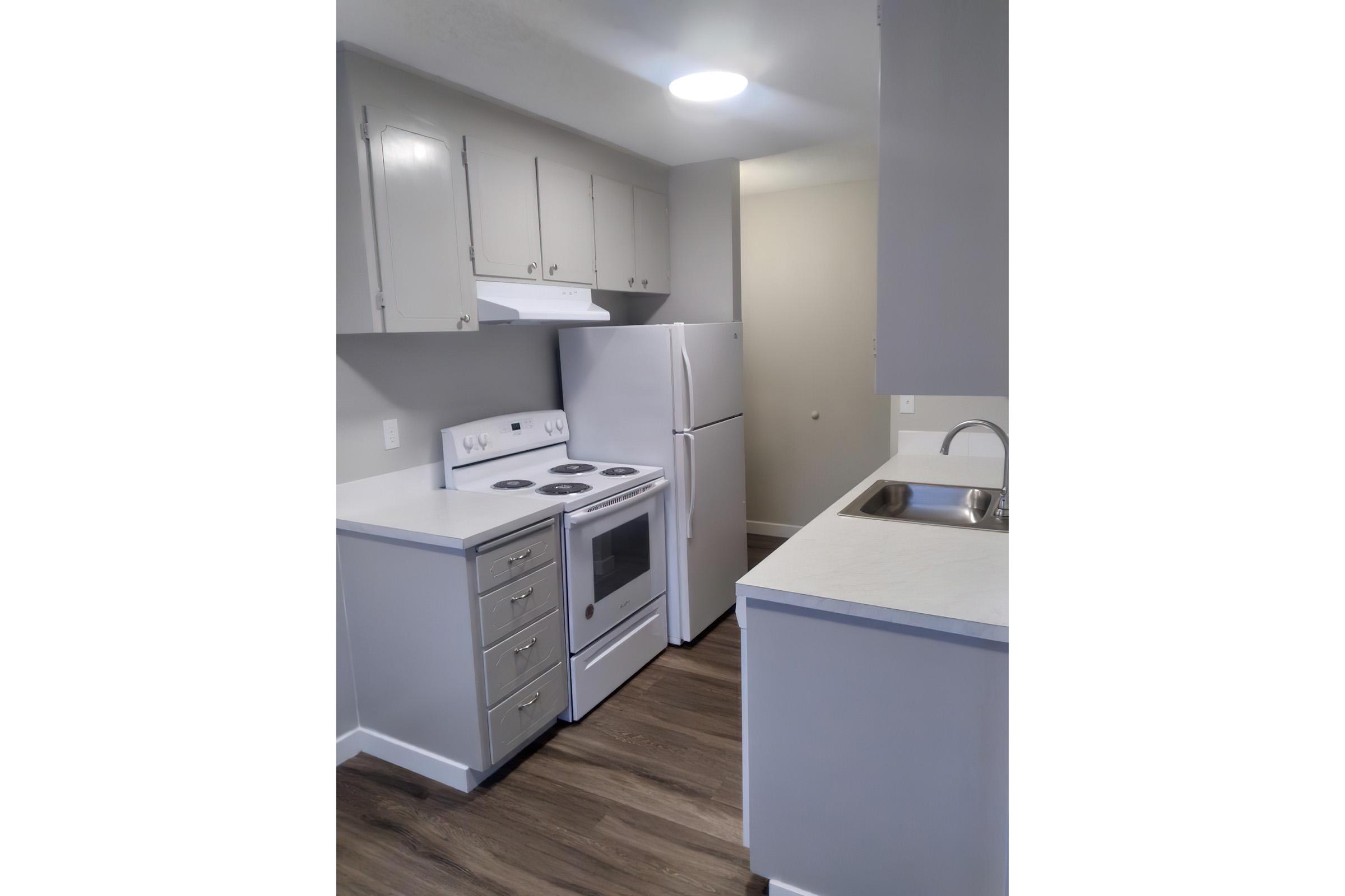 a kitchen with a stove and a refrigerator