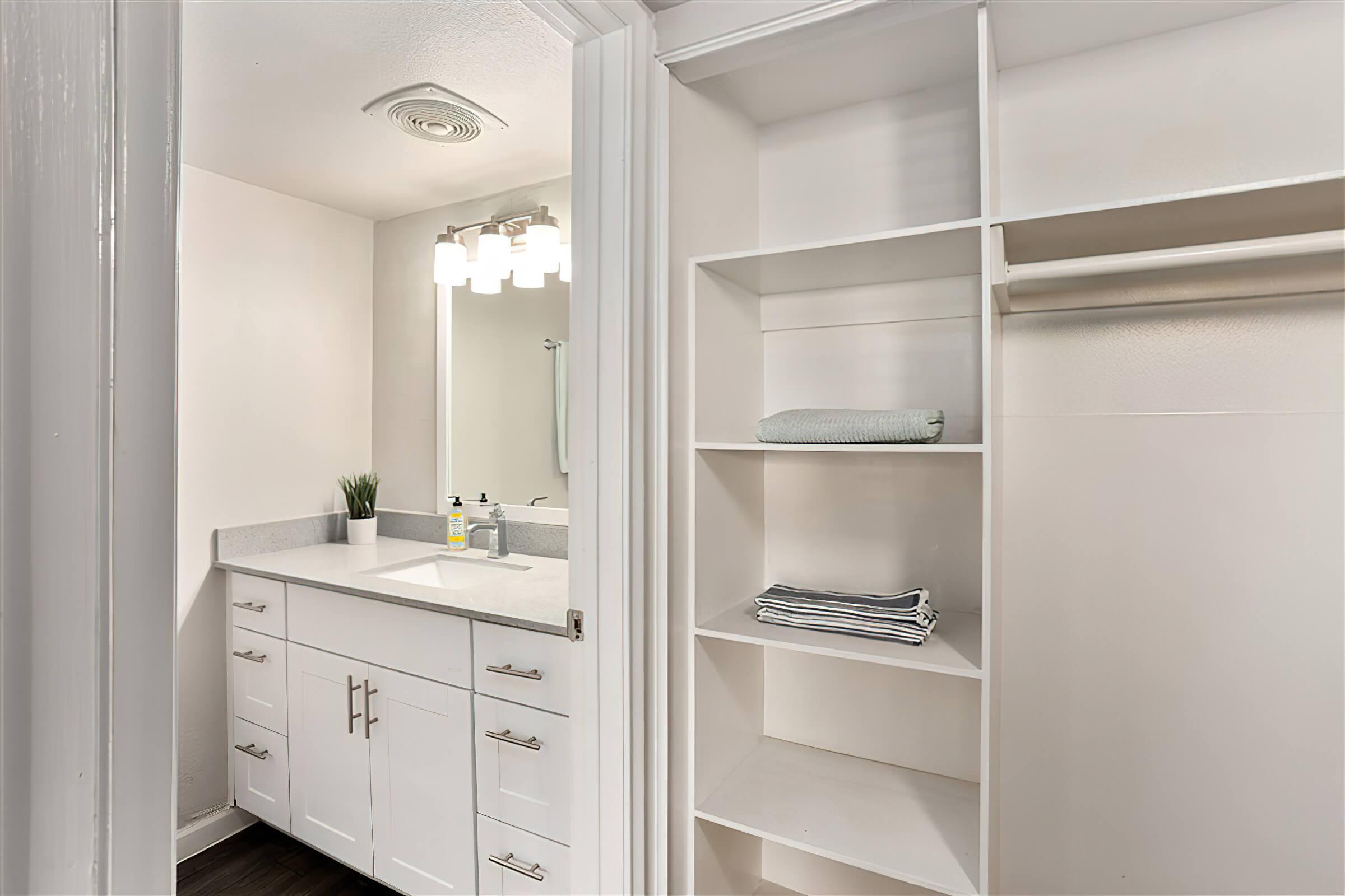 Renovated modern bathroom next to floor to ceiling closet shelving