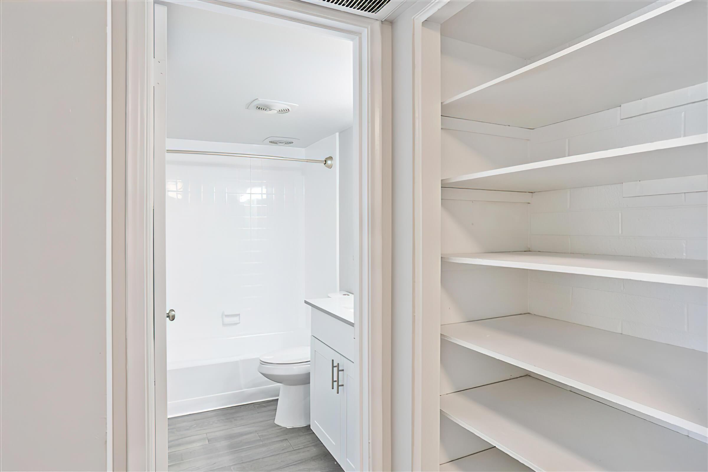 View of clean modern restroom from a walk in closet with floor to ceiling shelving