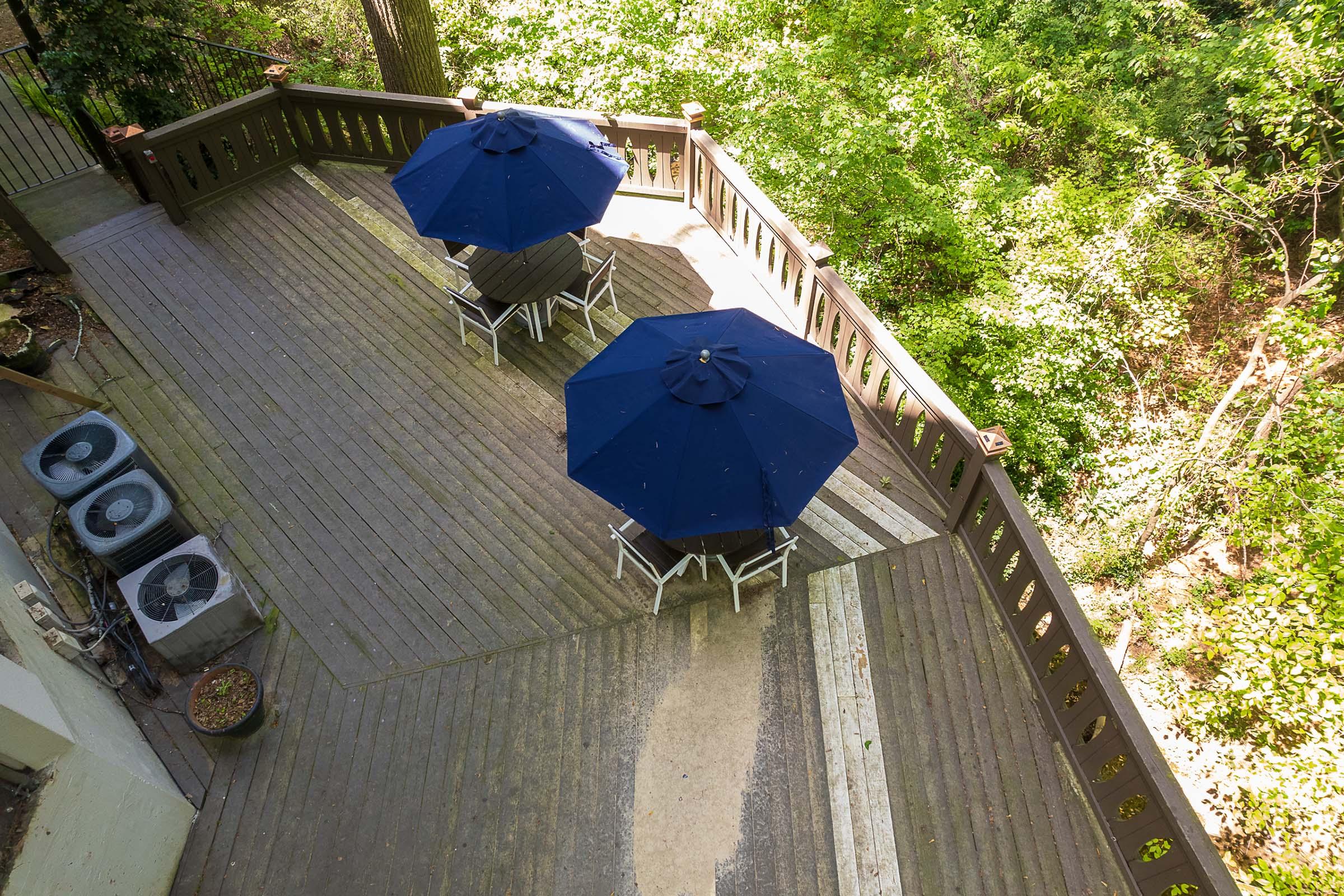 a building with a blue umbrella