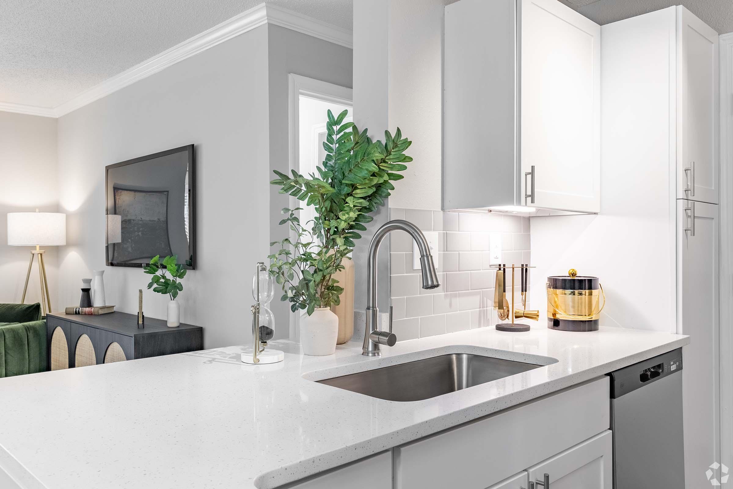 a kitchen with a sink and a mirror