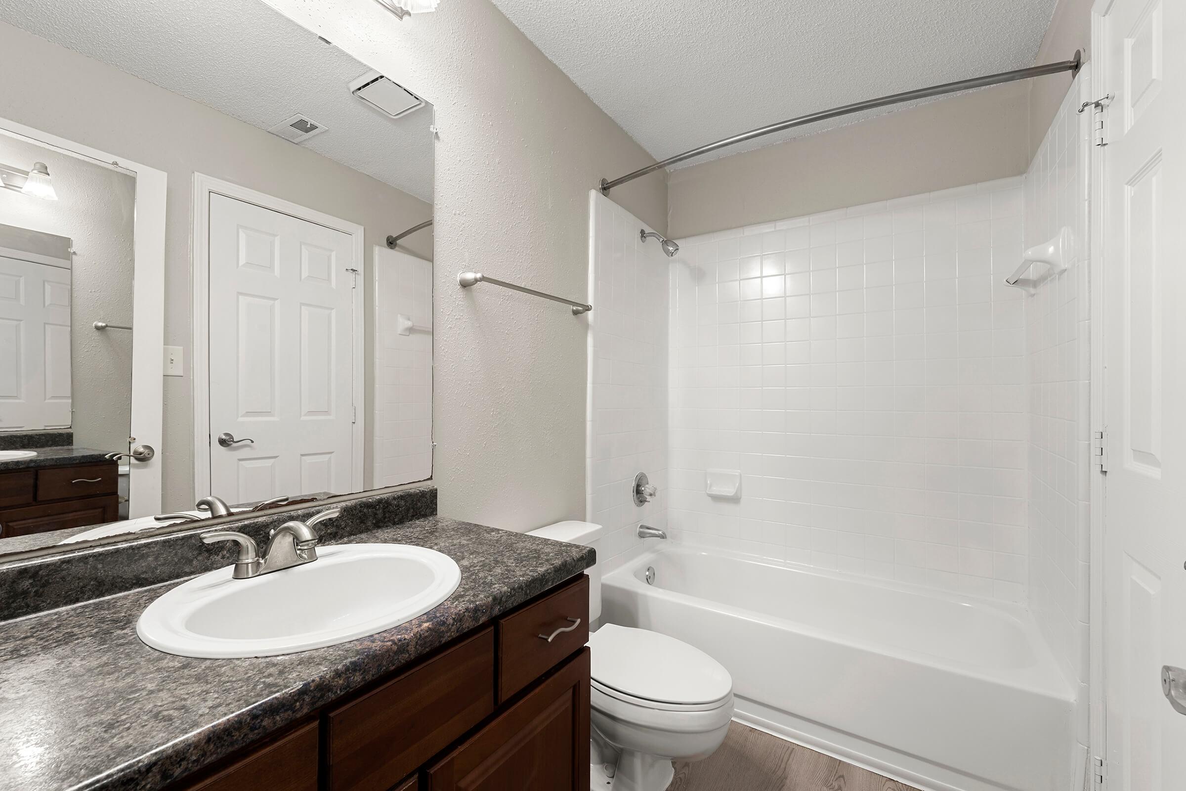 a shower that has a sink and a mirror