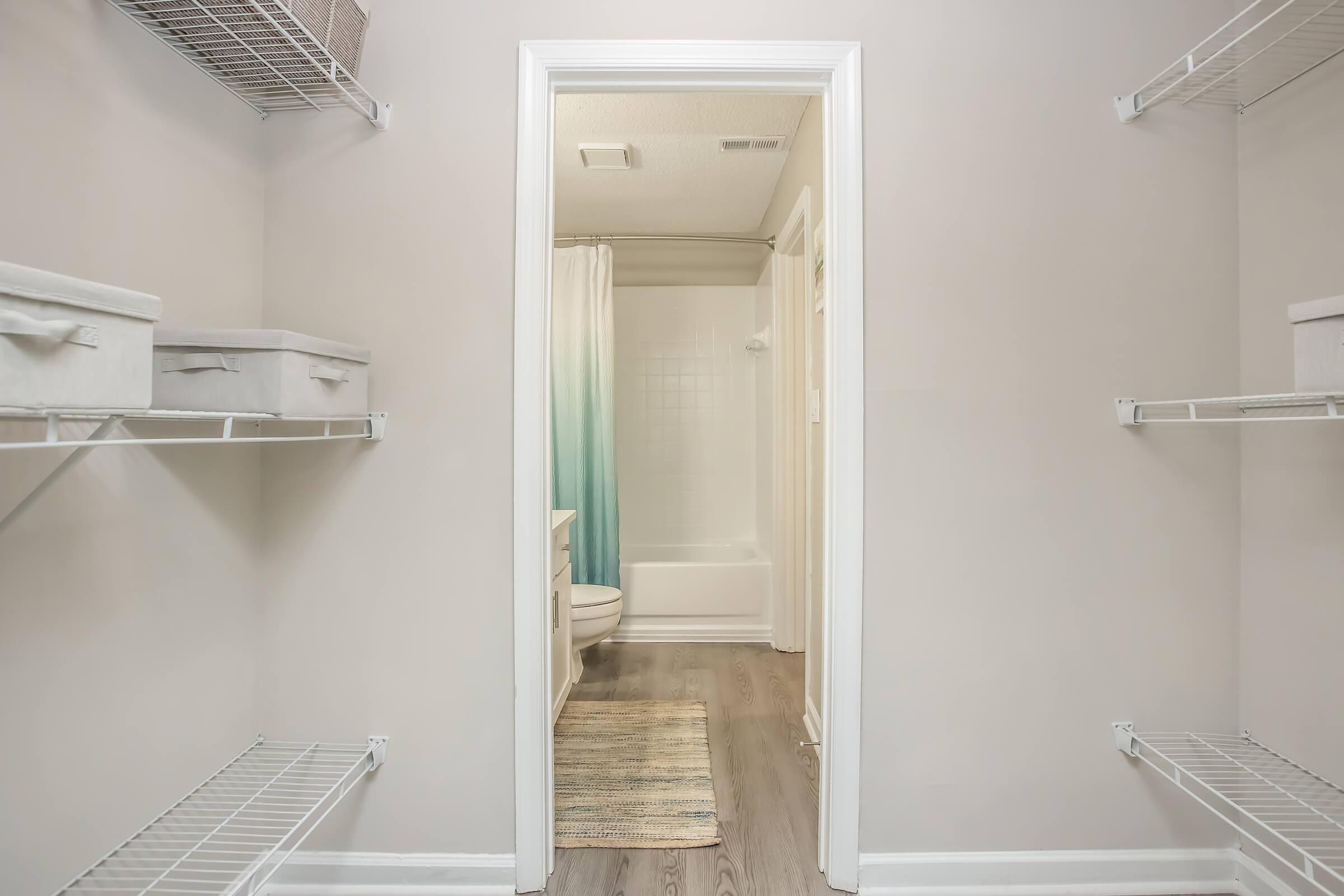 A view through an open doorway into a bathroom, featuring a shower with an ombre shower curtain, a white bathtub, and light-colored walls. On either side of the doorway, there are shelves with wire racks and fabric storage bins. The floor is wooden and there is a small rug in the bathroom area.