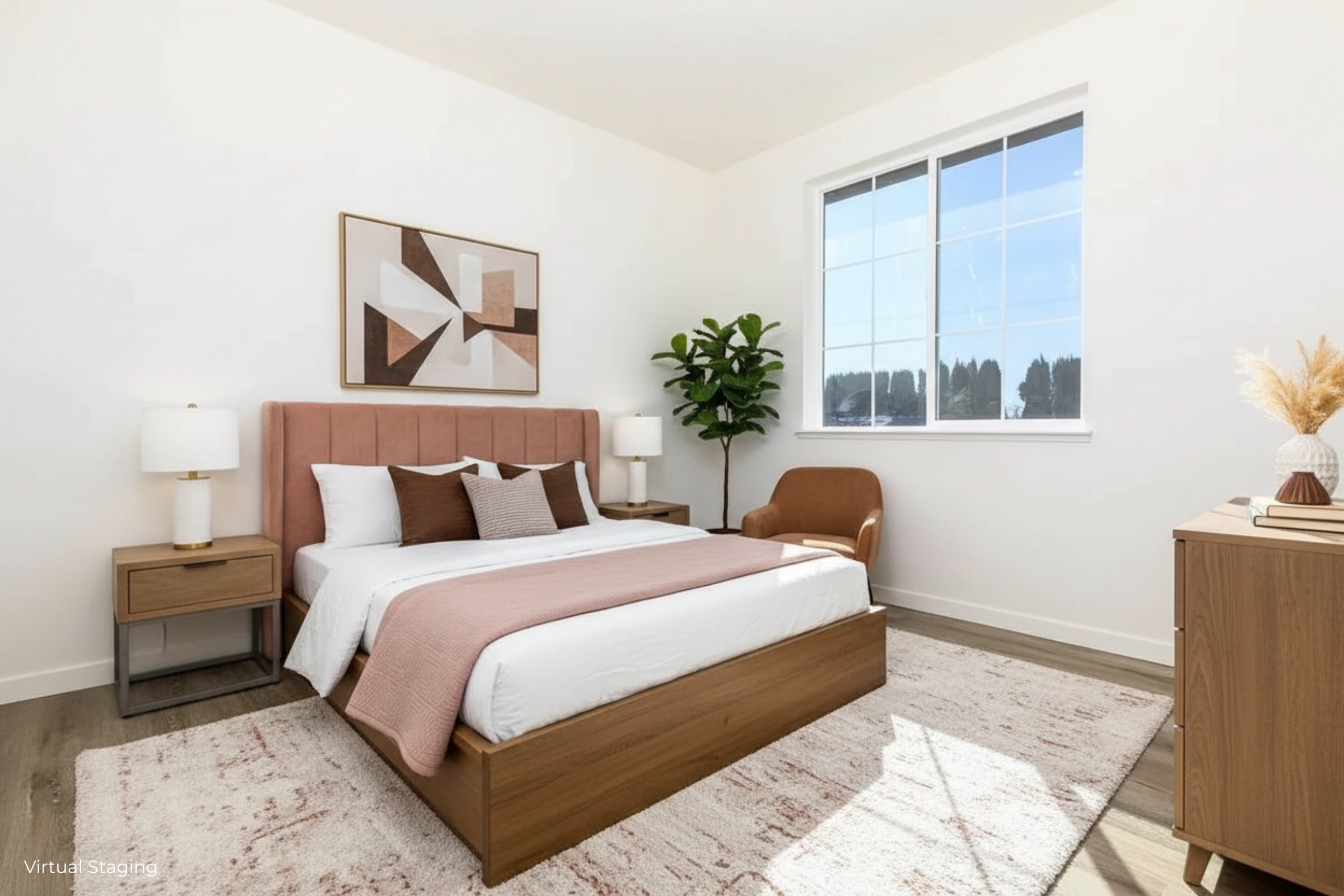 A modern bedroom featuring a plush pink headboard, white bedding with accent pillows, and a light-colored rug. There are two lamps on bedside tables, a stylish armchair, and a decorative plant. A large window provides natural light, and abstract art adorns the wall. The overall design is minimalistic and inviting.