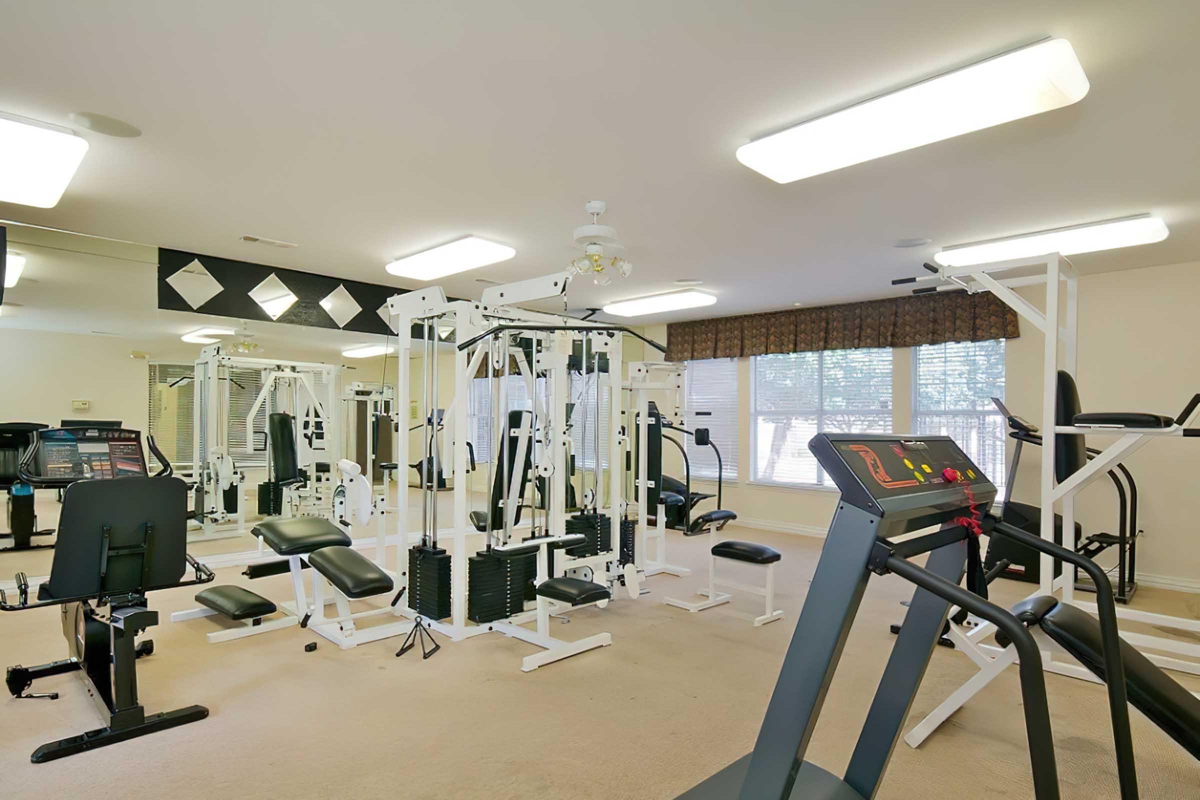 A well-lit gym featuring various exercise equipment, including a treadmill, weight machines, and free weights. The space has mirrors on the walls and large windows with blinds, contributing to a bright and open atmosphere, ideal for workouts.