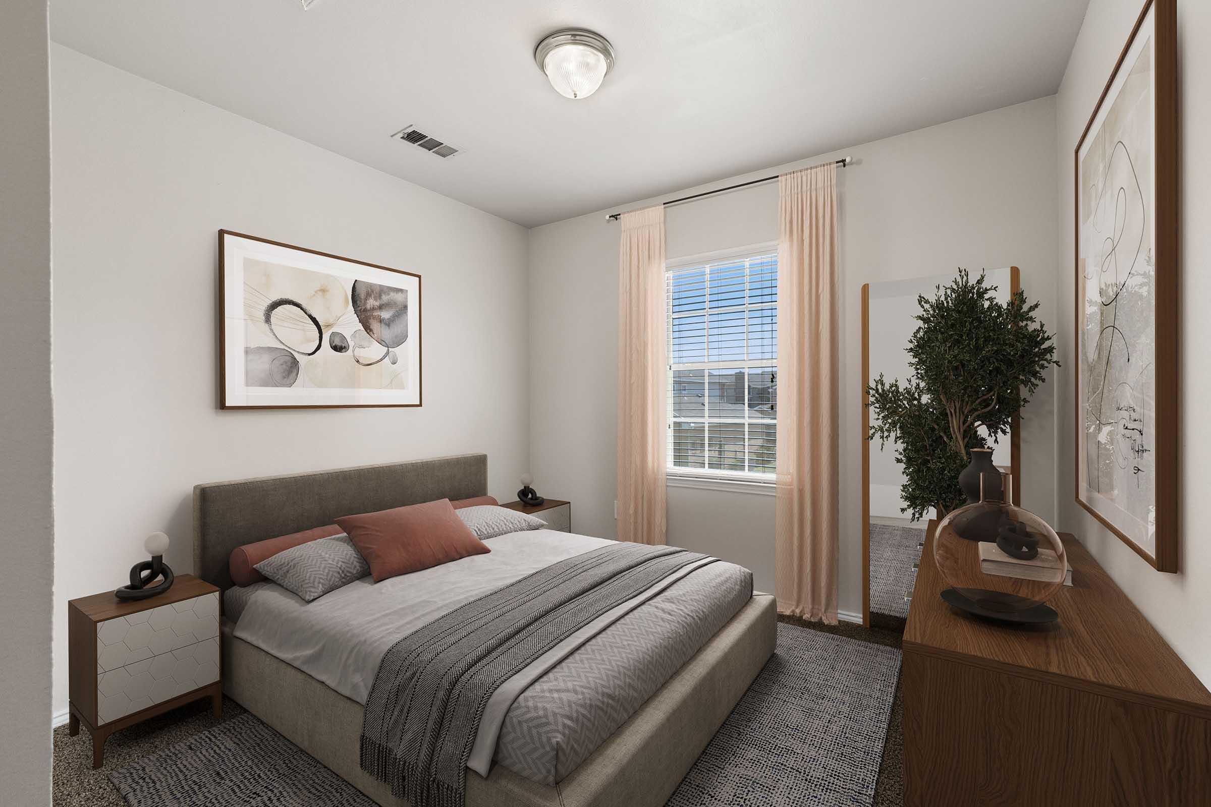 A cozy, modern bedroom featuring a queen-size bed with a gray upholstered headboard and warm bedding. The room has a stylish art piece on the wall, a large window with light curtains, a decorative plant, and contemporary furniture, including a nightstand and a wooden dresser. Natural light fills the space.