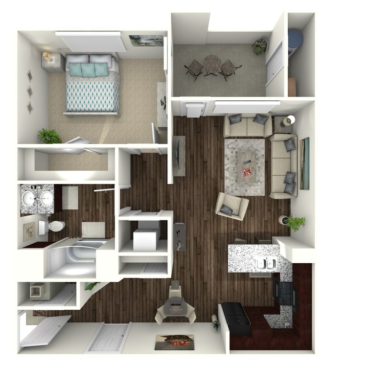Plan A2, a 1 bedroom 1 bathroom floor plan.