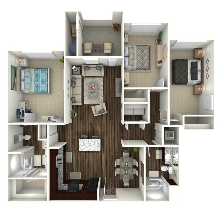 Plan C1, a 3 bedroom 2 bathroom floor plan.