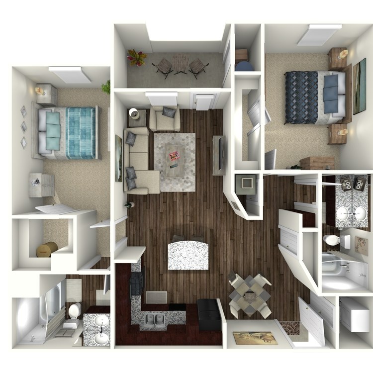 Plan B1, a 2 bedroom 2 bathroom floor plan.