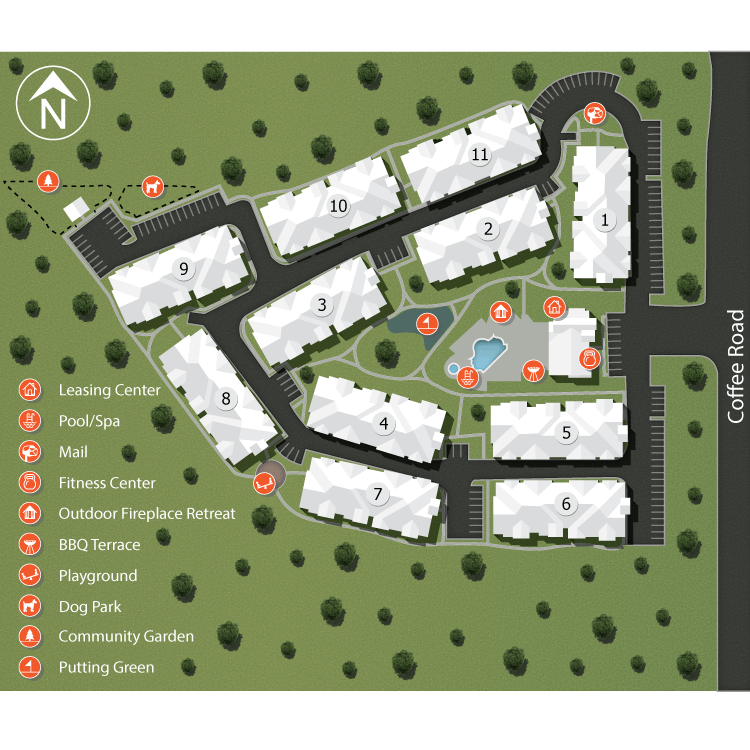 Between Olive Drive and Hageman Road, this community features resort style amenities like a pool, lounge and fitness center.