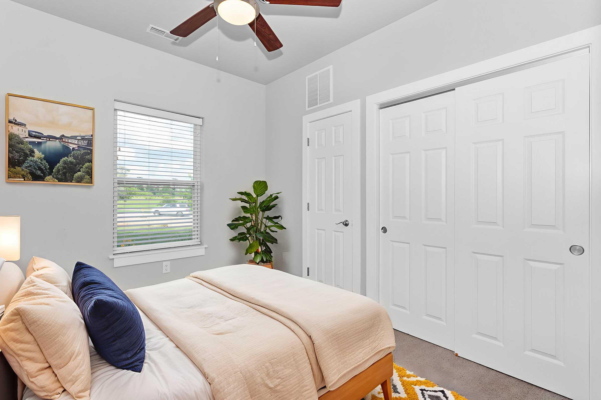 A cozy bedroom featuring a neatly made bed with a light-colored duvet and a blue decorative pillow. There's a ceiling fan above, a small plant in the corner, and a window with blinds allowing natural light. A framed picture hangs on the wall, and a door leads to a closet. The room has a warm, inviting atmosphere.