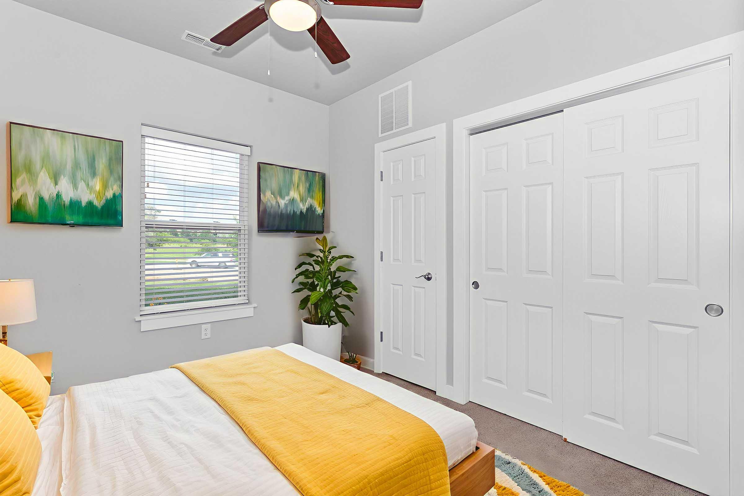 Bright bedroom featuring a queen-sized bed with a yellow and white comforter, a bedside lamp, and two green abstract paintings on the walls. A large window with blinds allows natural light, and a potted plant adds a touch of greenery. White closet doors create a clean, modern look in the space.