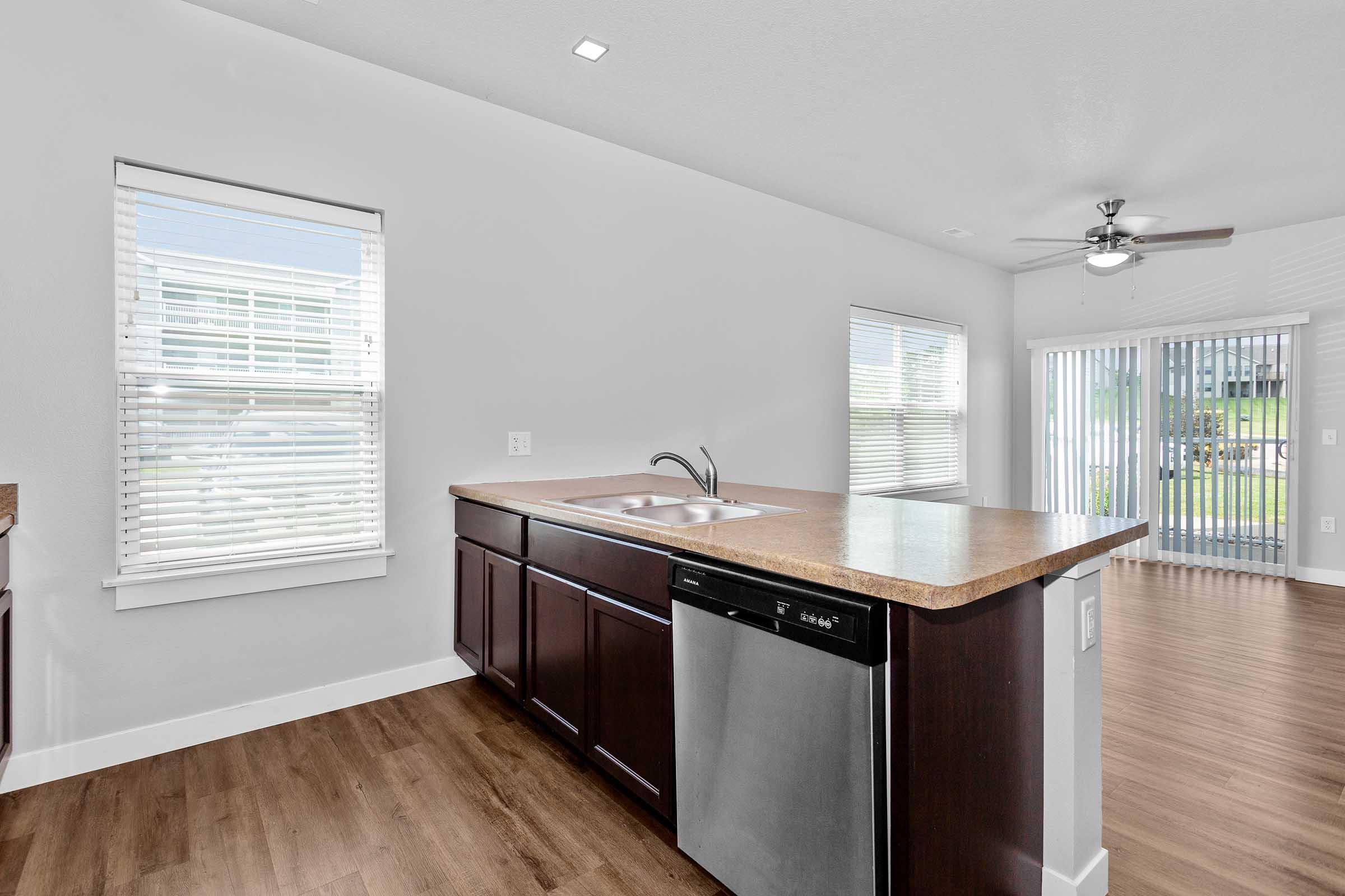 Modern kitchen interior featuring dark wood cabinets, a stainless steel dishwasher, and a countertop. Natural light streams in through two windows, and a ceiling fan is visible. In the background, there are sliding glass doors leading to an outdoor area. The flooring is a light wood finish.