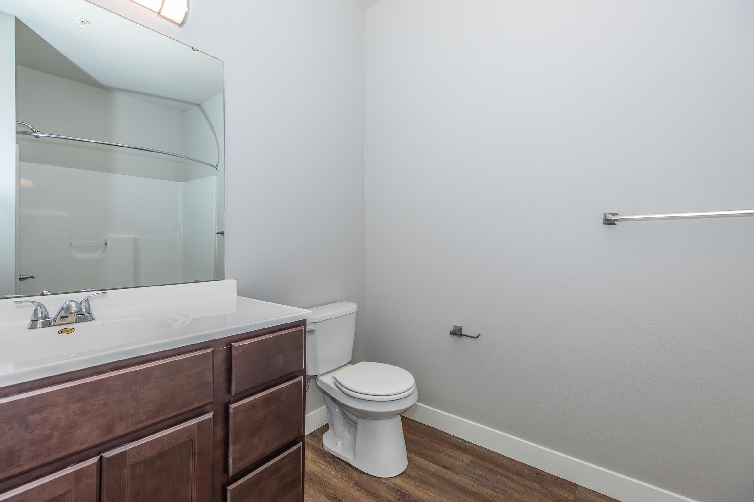 Bathroom with dark wood vanity, large mirror, and modern fixtures at The Groves on Devils Glen in Bettendorf, IA